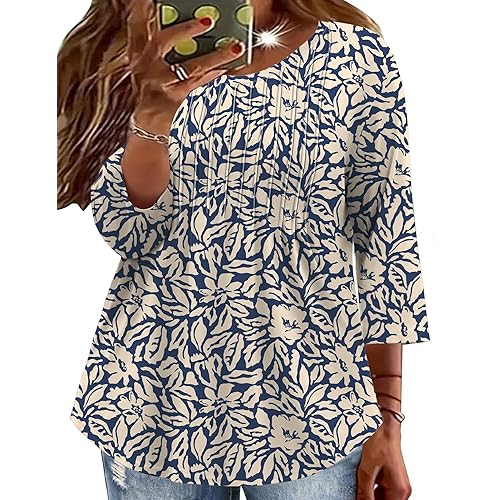 TFSDOD Womens Plus Size Tops 3/4 Length Sleeve Womens Tops Crewneck Pleated Boho Tunic Casual Shirts XL-5X