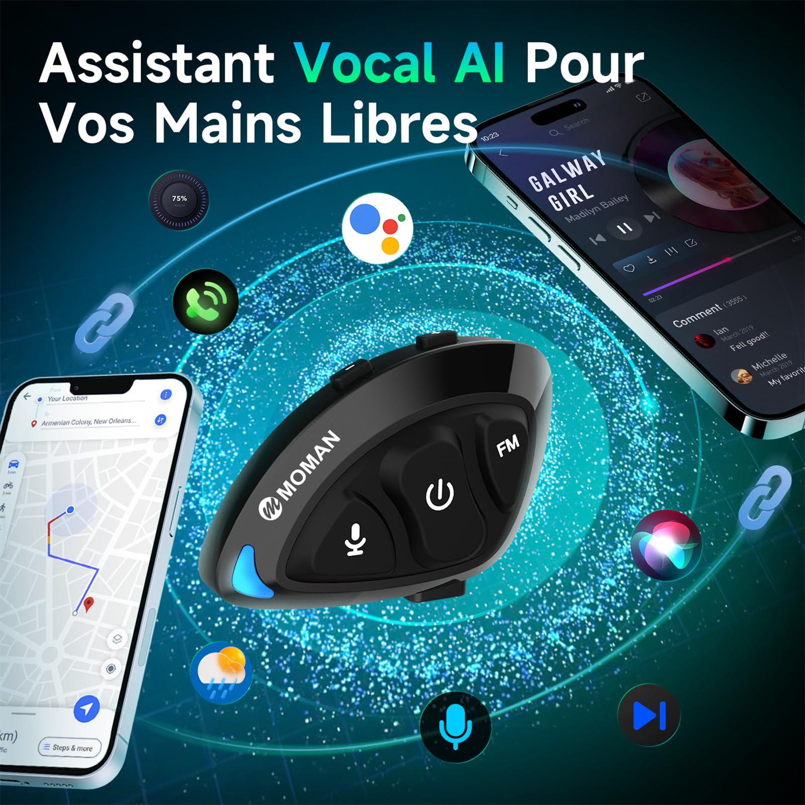 Moman Écouteurs Casque Moto, RS-S Compact Kit Main Libre Moto sans Fil 5.1 Casque Scooter Haut-Parleurs Hi-FI Réduction du Bruit Radio FM/Bouton Adapté aux Gants/IA Commande Vocale/IPX6 Étanche