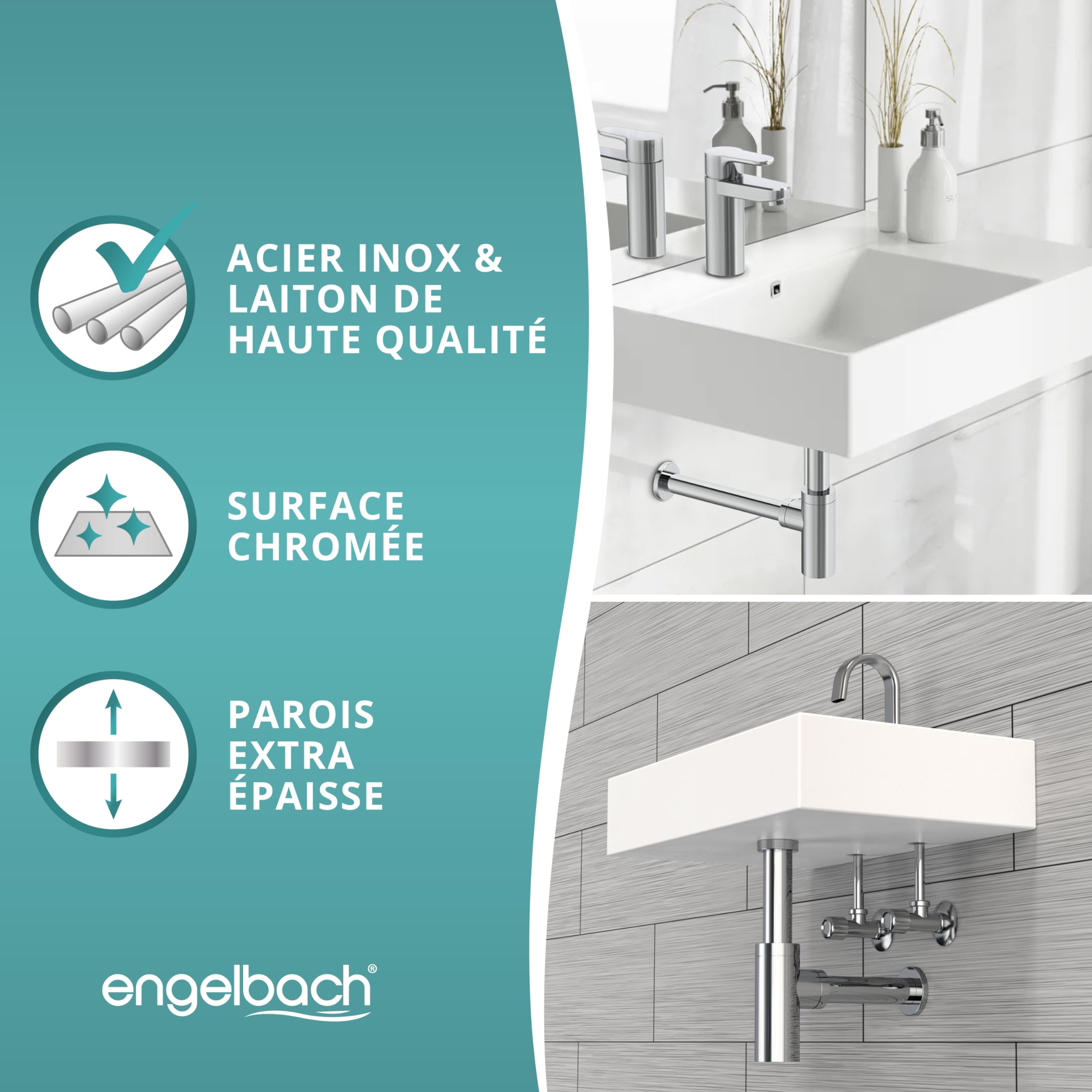 Engelbach® Siphon design lavabo salle de bain - 1 1/4 x 32 mm réglable avec ouverture de nettoyage - modèle universel avec manchette en caoutchouc anti-odeur