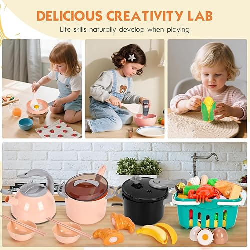 Miniatura 38 de Juego de cocina de 130 piezas, ollas de juego de cocina para niños, sartenes, utensilios de cocina, alimentos diarios, frutas y verduras, cesta