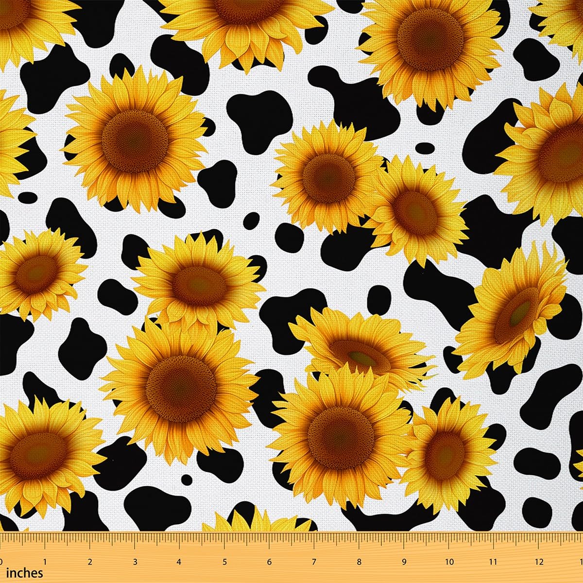 Cow Print Upholstery Fabric for Chairs, Sunflower Floral Outdoor Fabric by The Yard, Farmhorse Black White Cow Pattern Blossom Flowers Fabric for
