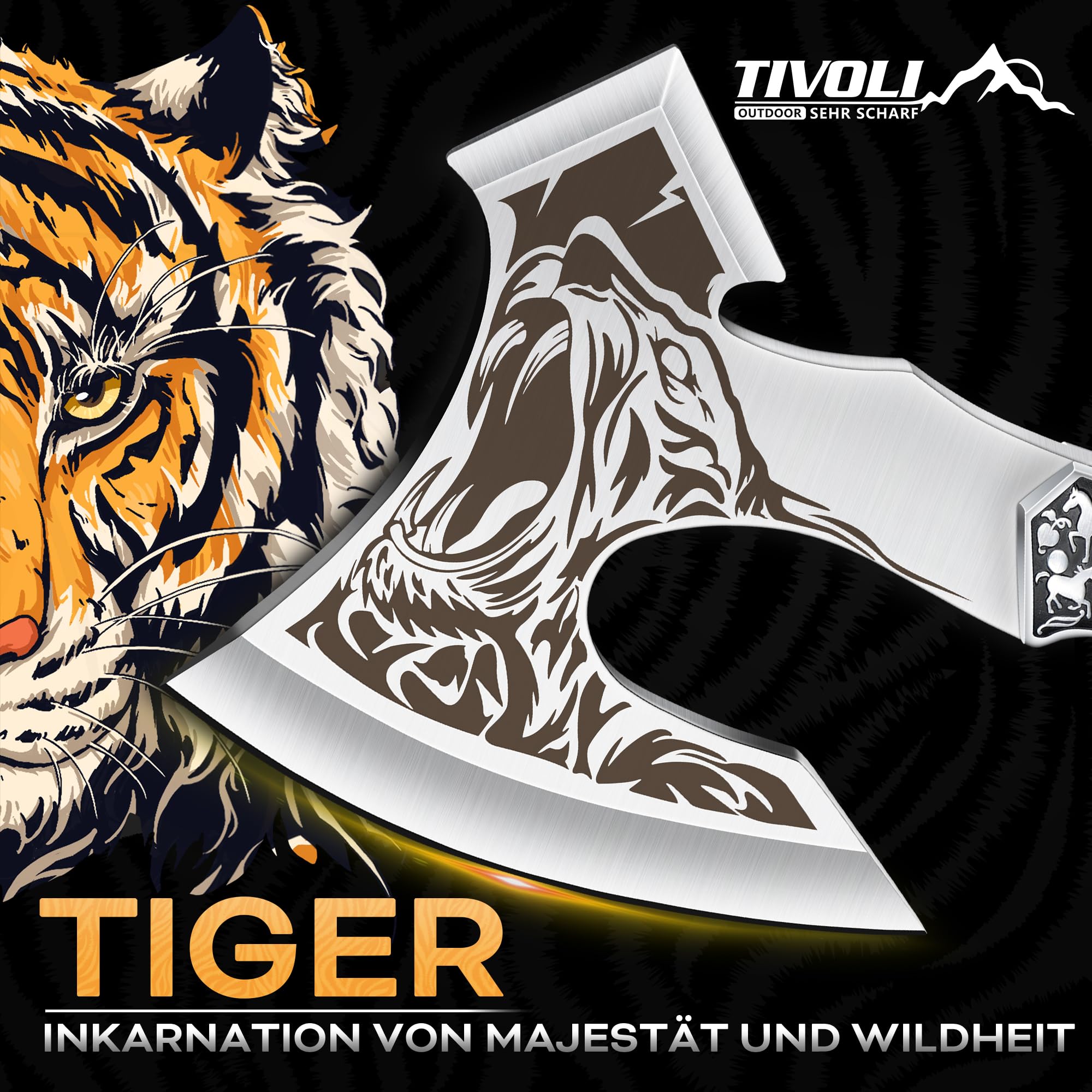 Hacha TIVOLI con Motivo de Tigre, Acero al Carbono, construcción Full-Tang, Ideal para Ocio, Camping, Caza y Trekking
