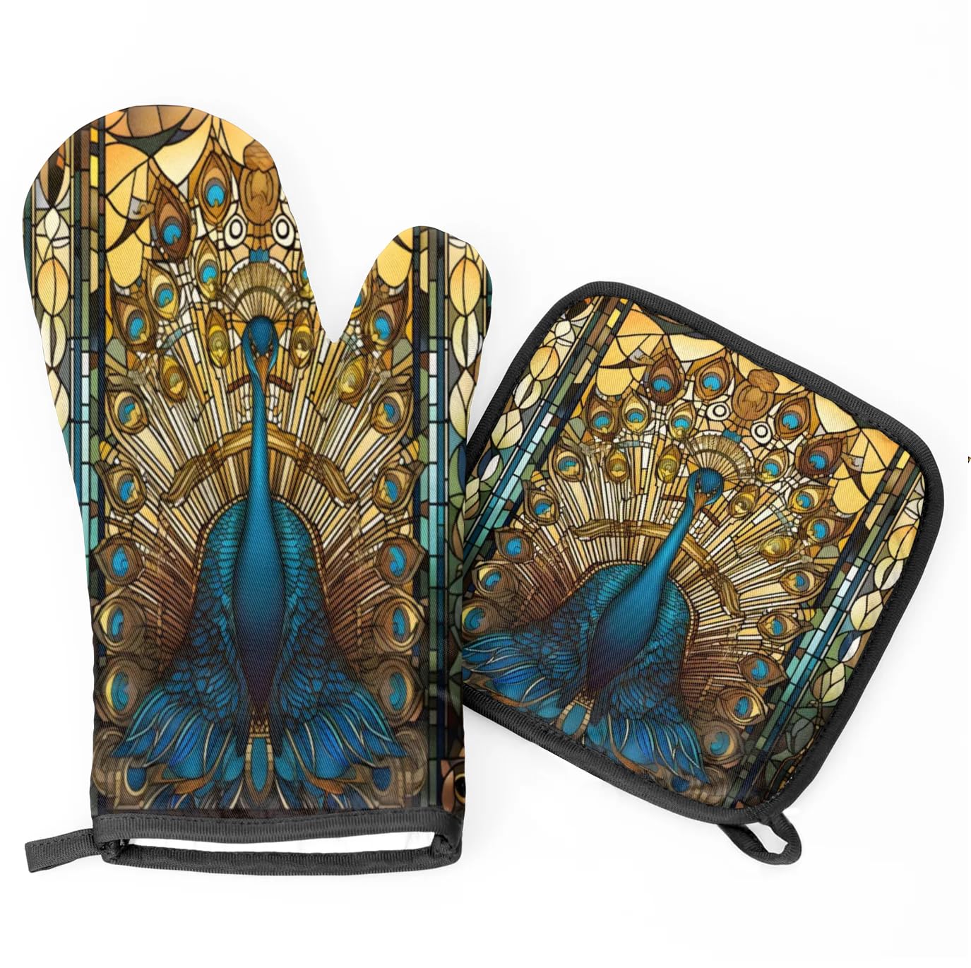 Peacock Elegant Oven Mitts Kitchen Oven Gloves for Cooking Baking Heat Proof Lining Cotton Kitchen Potholder Mittens Pot Holders Hot Pads for Chef Women Men