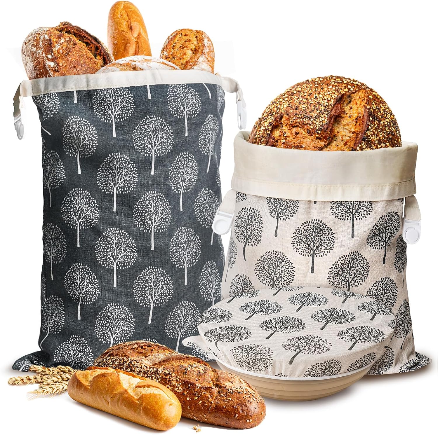 Sourdough Bread Storage & Proofing Set, 2 Pack – Reusable Beeswax Bread Bag with Cotton Dough Proofing Bowl Cover, Freezer Safe Bread Bags for Fresh Homemade Bread