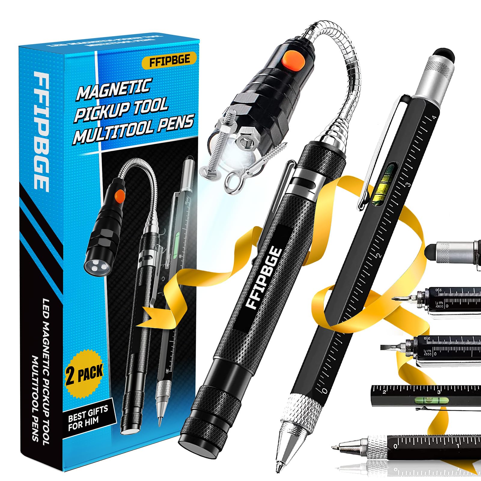 Birthday Gifts for Him, Fathers Day Dad Gifts, Magnet Pickup Tool with Telescoping Magnetic Flashlight and 6 in 1 Multitool Pen with Rulers, Bubble Level, Screwdrivers, and Ballpoint