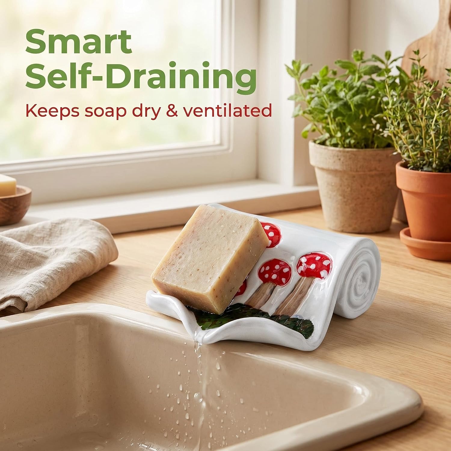 Mushroom Ceramic Soap Dish Scroll Shape Soap Holder with Self-Draining