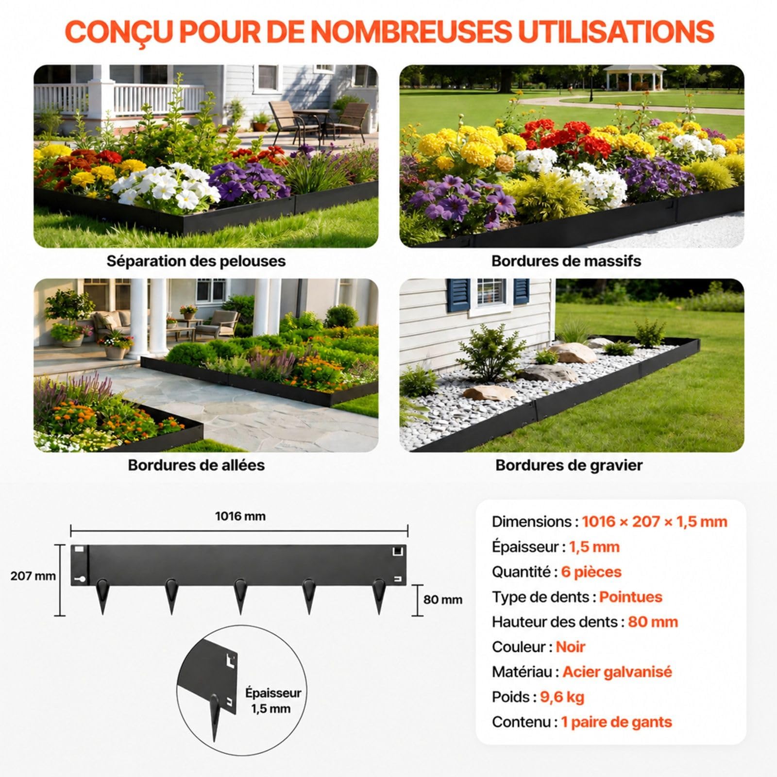 Bordure de Jardin en Acier galvanisé Lot de 6 pour pelouse massifs allées et Cour