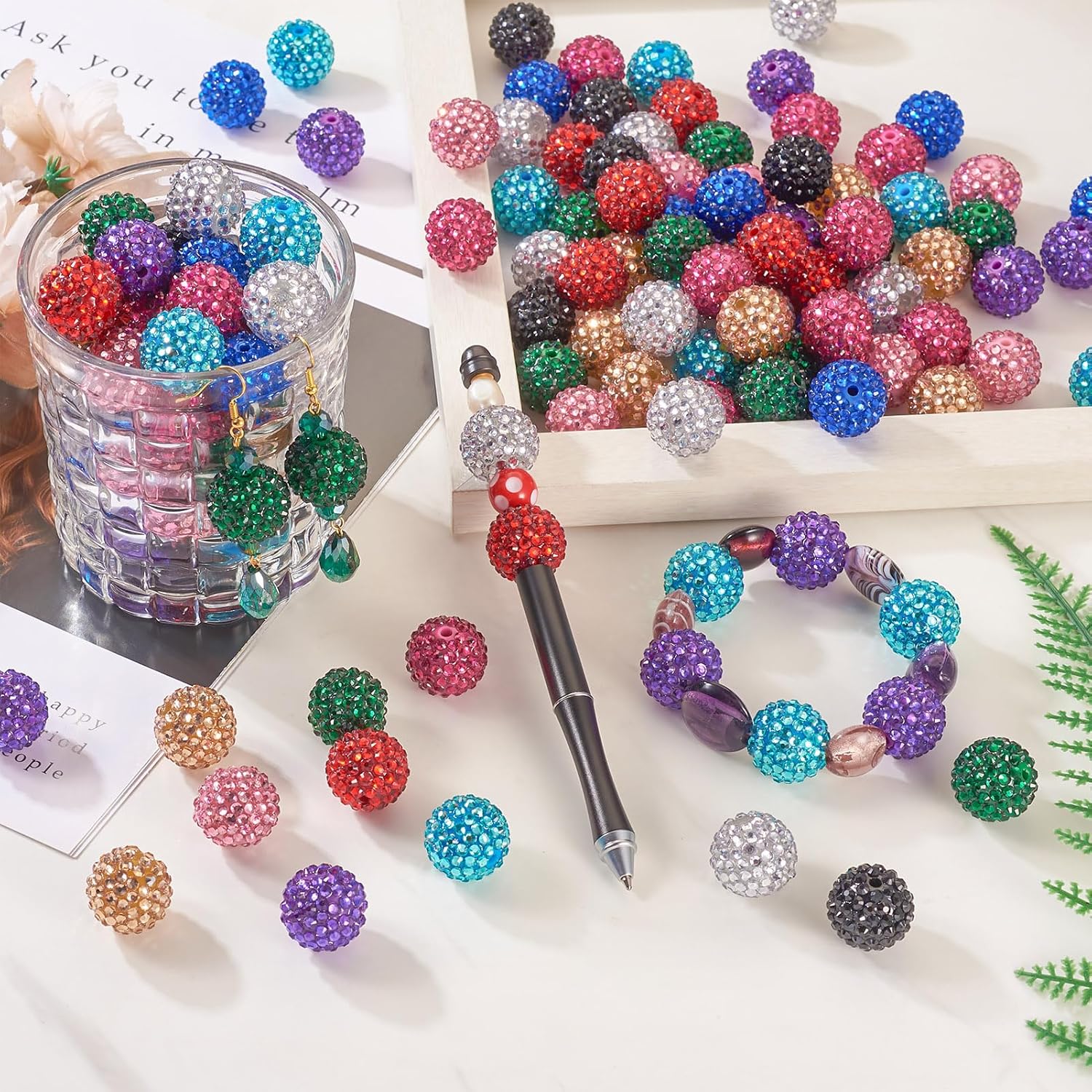 Beadthoven 100PCS 20mm Rhinestone Christmas Beads - 10 Colors Chunky Bubblegum Round Disco Ball Resin Crystal for DIY Pens, Jewelry Making, Garland, Xmas Tree Ornaments