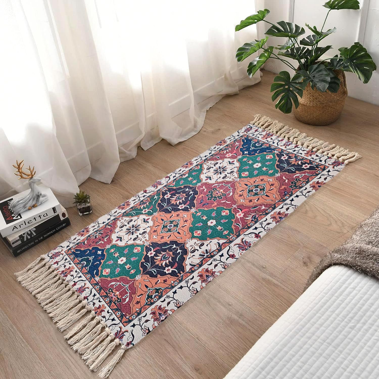 ohello® Boho Natural Cotton Area Rug/Dhurrie/Floor Carpet, traditional Printed bedside Rugs for Living Room with Tassels- Approx 2x5 ft-DR_003 (B0CZLJGYL5) Amazon Price History, Amazon Price Tracker