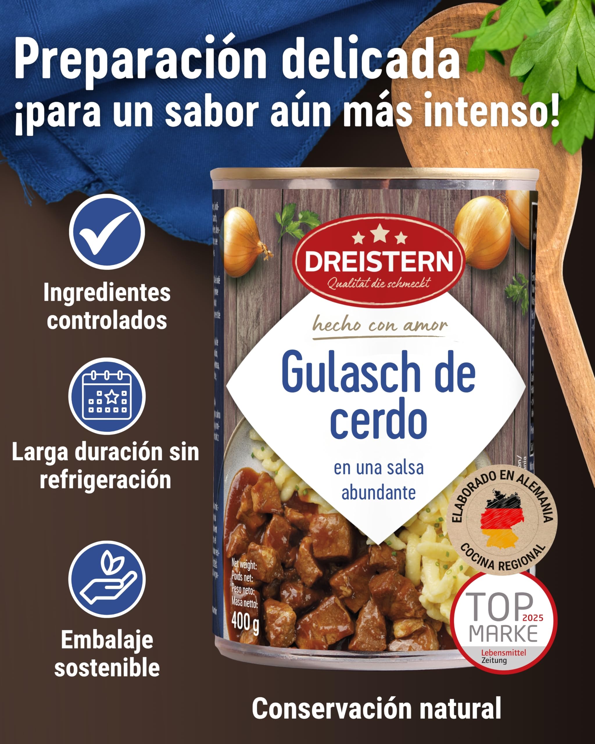 DREISTERN Goulash de cerdo 400 g I Con salsa picante I Guiso sabroso en lata reciclable I Larga duración gracias a la conservación natural I Calidad casera