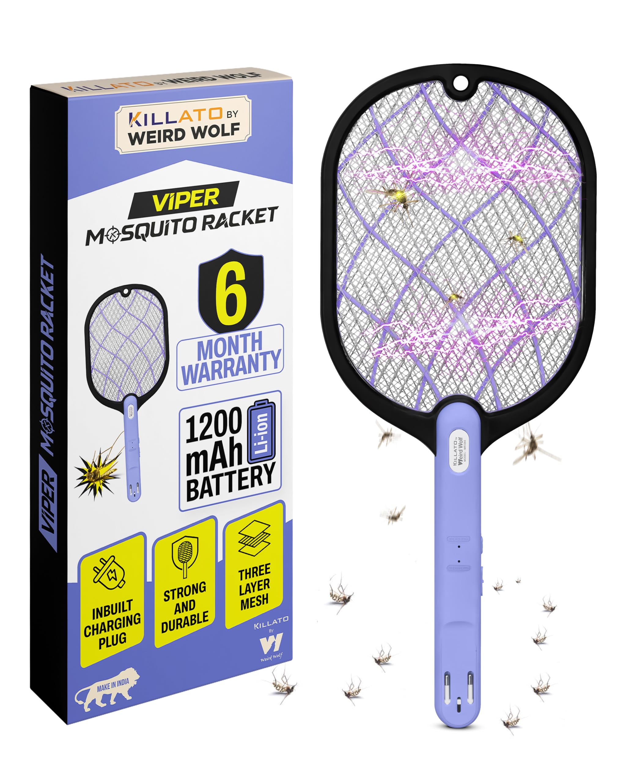 Weird Wolf Mosquito Killer Racket with Built-in Charging Plug | 1200mAh Lithium Battery | Rechargeable Electric Mosquito Bat | 6 Month Warranty | Purple-image-6