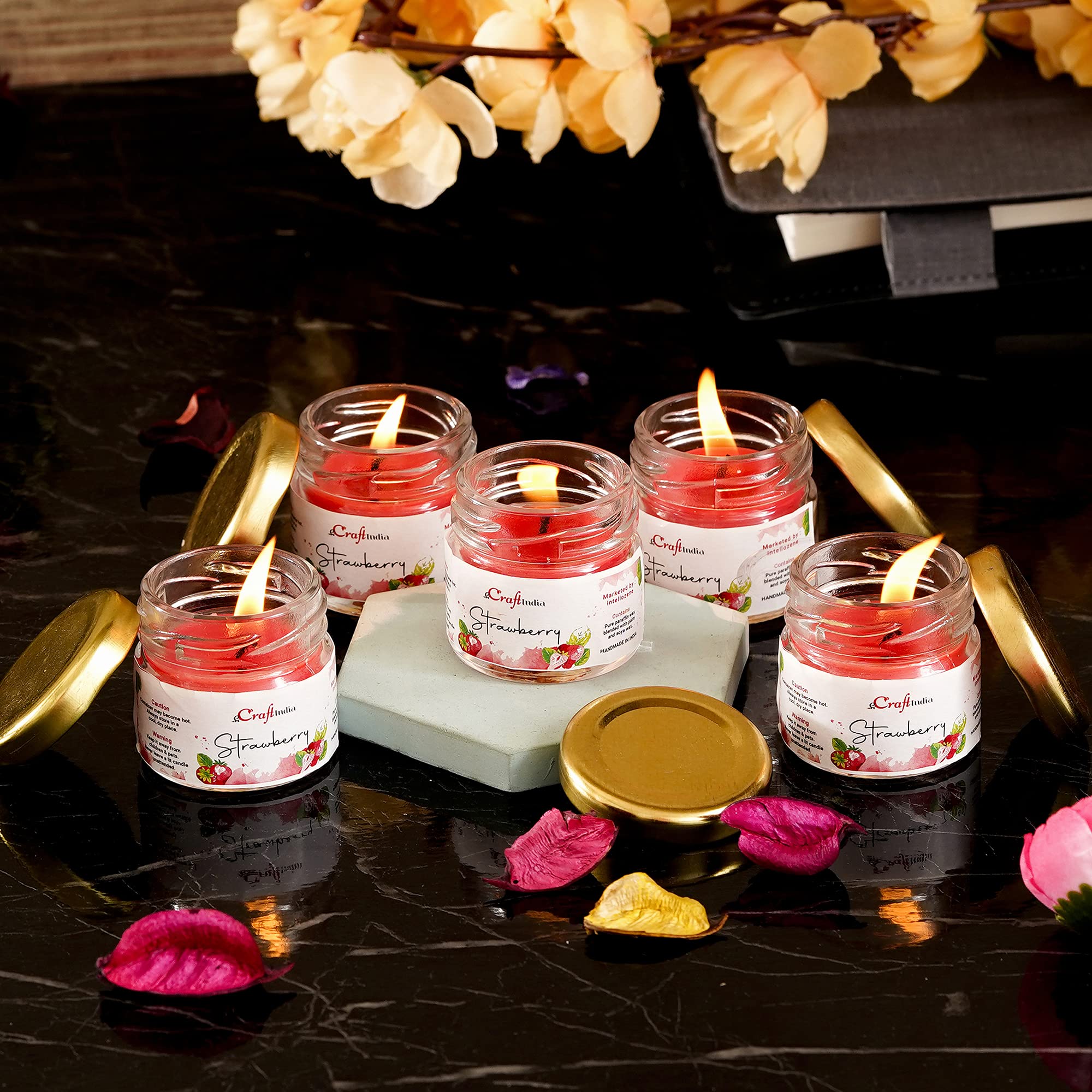 eCraftIndia Set of 5 Strawberry Scented Minijar Candle, Red, , (Ctmini_Strawberry_So5) One Size