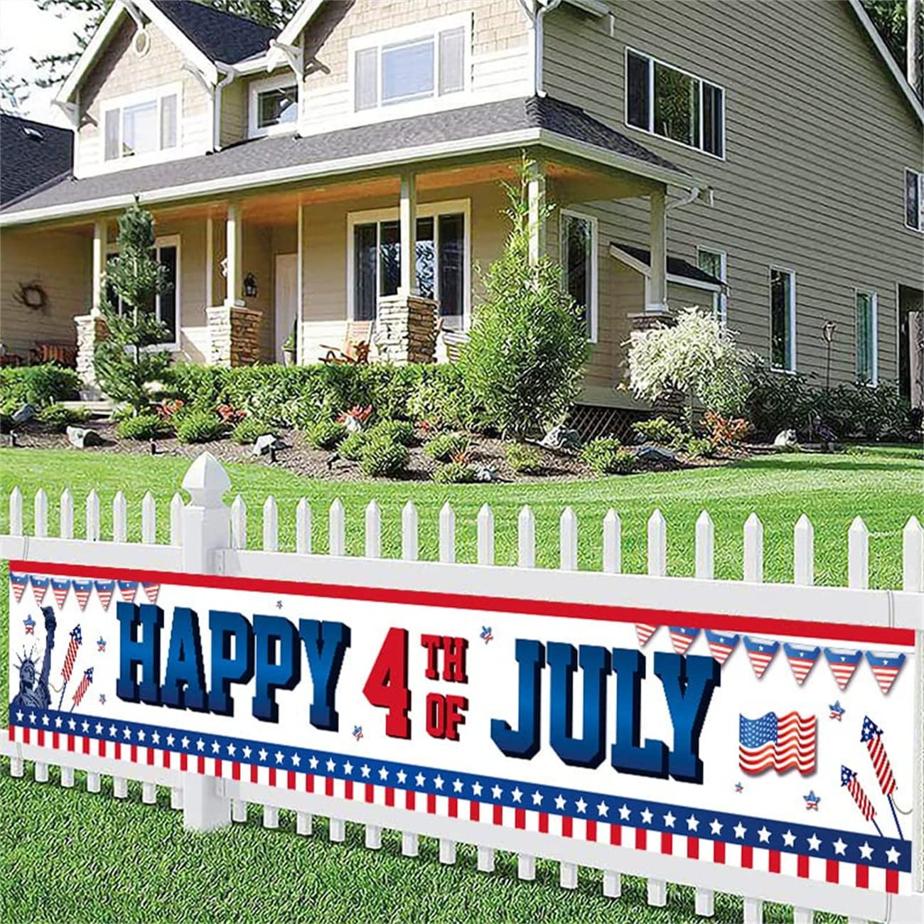 Photo 1 of 4th Of July Decorations Outdoor July 4th Decorations For Outside Large Banner For 4th Of July Independence Day 4th Of July Patriotic Banner Yard Sign Banner For Memorial Day Indoor Outdoor((BLUE RED)
