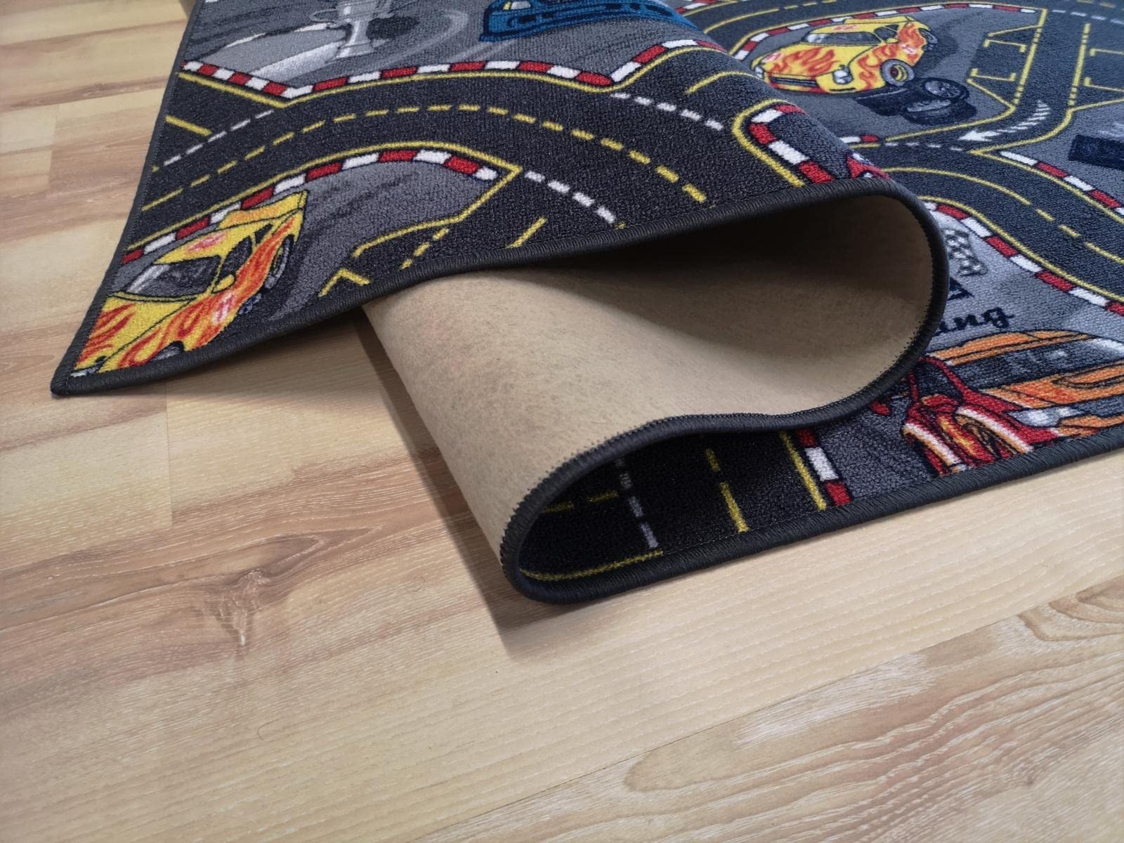 Kinderteppich Straßenteppich Racing Auto grau anthrazit Rennstrecke Spielteppich (200 x 400 cm)