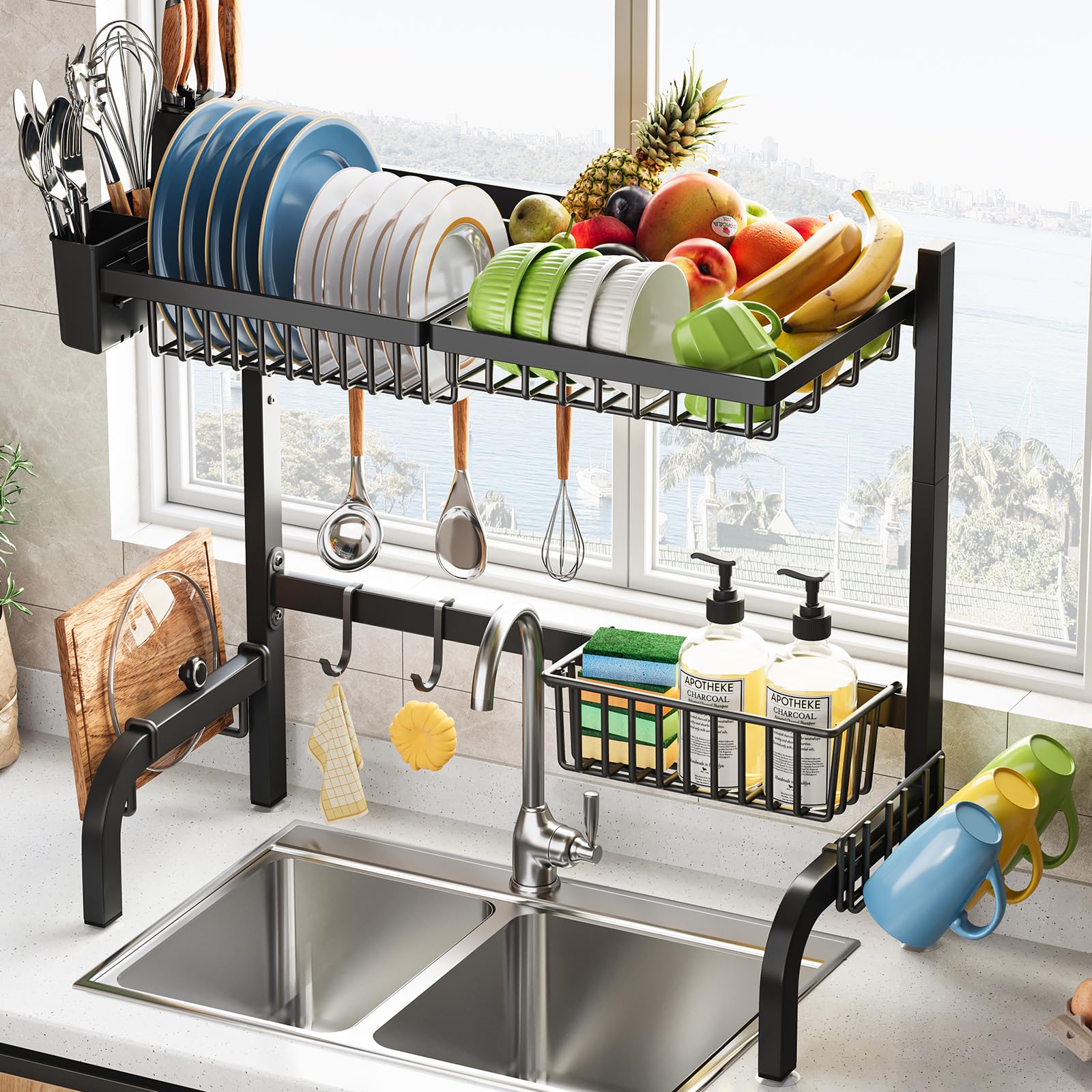 Over The Sink Dish Drainer Drying Rack,Large Over Sink Dish Drying Rack, 2 Tier Dish Rack Over Sink Counter with Storage Baskets,Above Sink Dryer Racks with Adjustable Size L(25.19"-37.4")*H25.19"