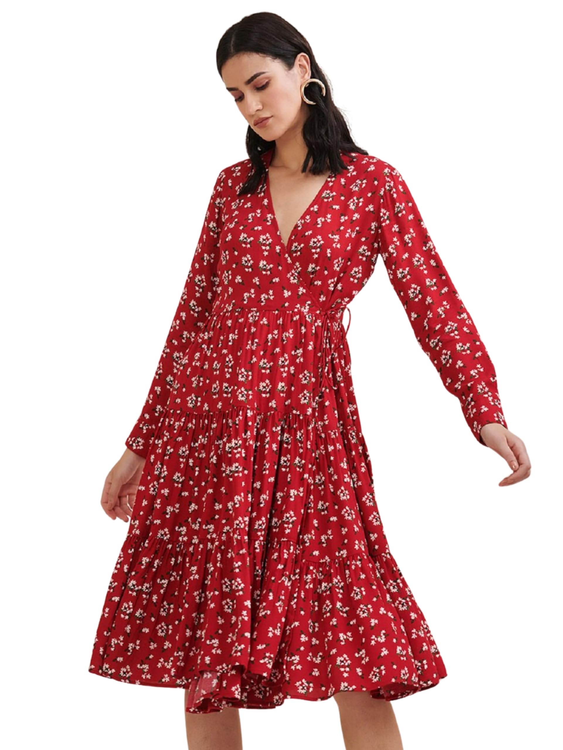 Printed Dress Red Floral Long Sleeve Wrap Midi-image-23