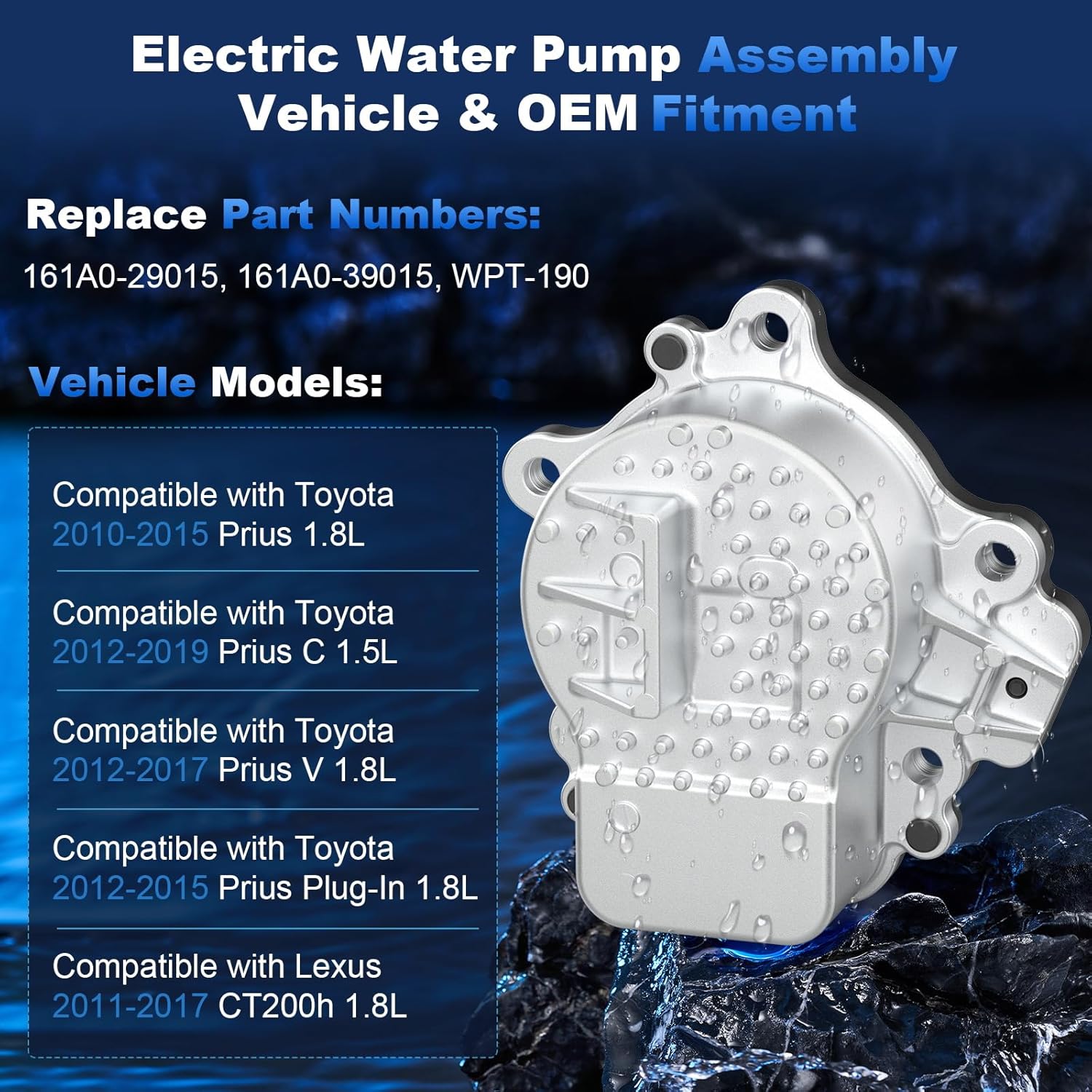 Electric Engine Water Pump w/Gasket Compatible with Toyota Prius 2010–2015, Prius C 2012–2019, Prius V 2012–2017, Prius Plug-In, Lexus CT200h, Stainless Steel Rotor, Replace 161A0-29015