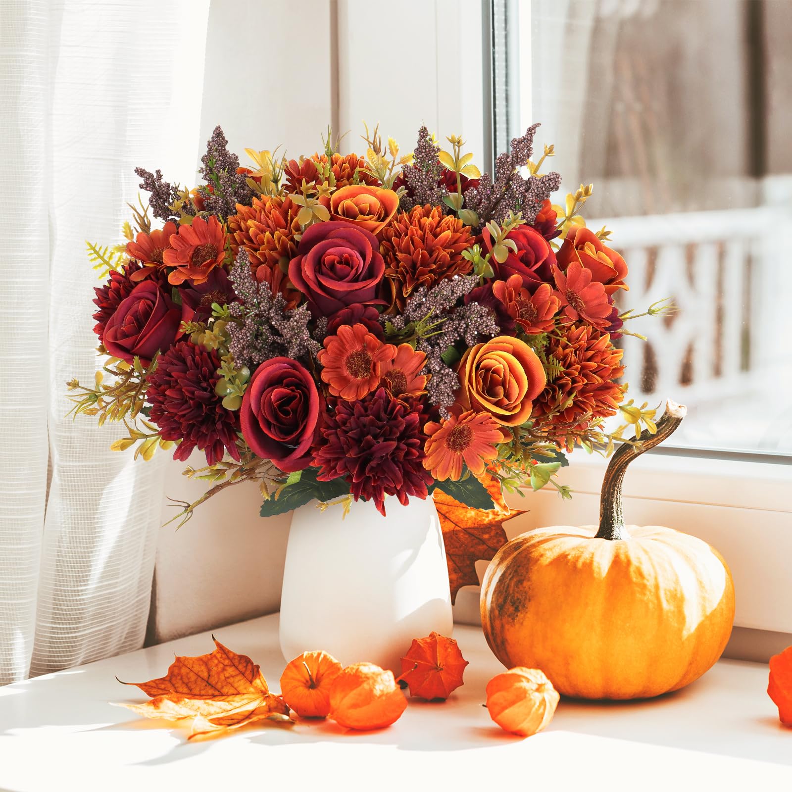 MEIVINES Artificial Flowers Artificial Rose Silk Flowers 2 Bunches Faux Rose Daisy Flower Bouquet for Wedding Party Table Centerpieces Floral Arrangement Home Kitchen Decor (Orange&Red - Image 2