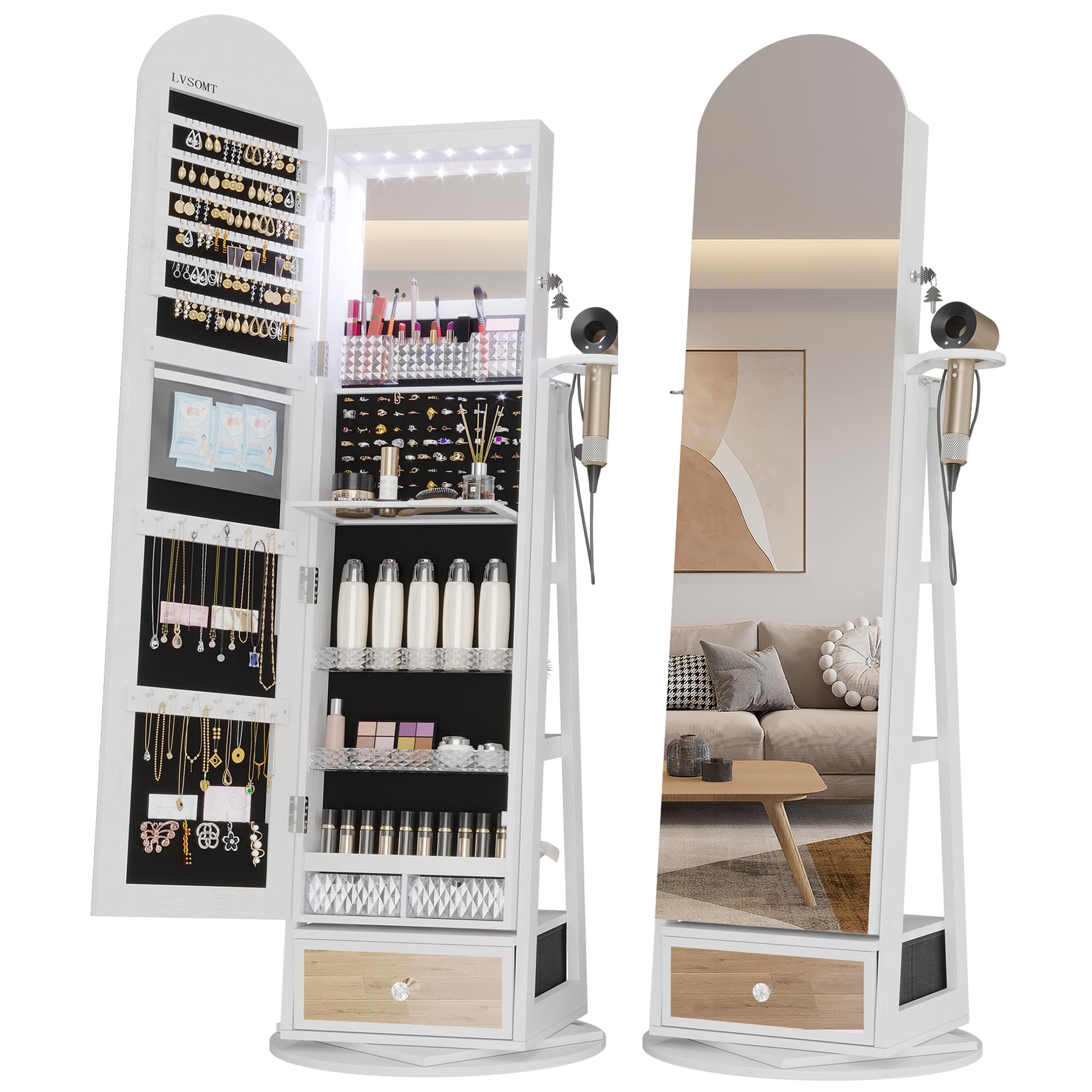 LVSOMT LVSOMT LED Espejo Joyero de pie Arqueado, Giratorio 360° Armario Joyero con Espejo de pie, Arco Espejo armario joyero con Cerradura, Espejo de cuerpo entero con Armario para joyas Luz, Blanco