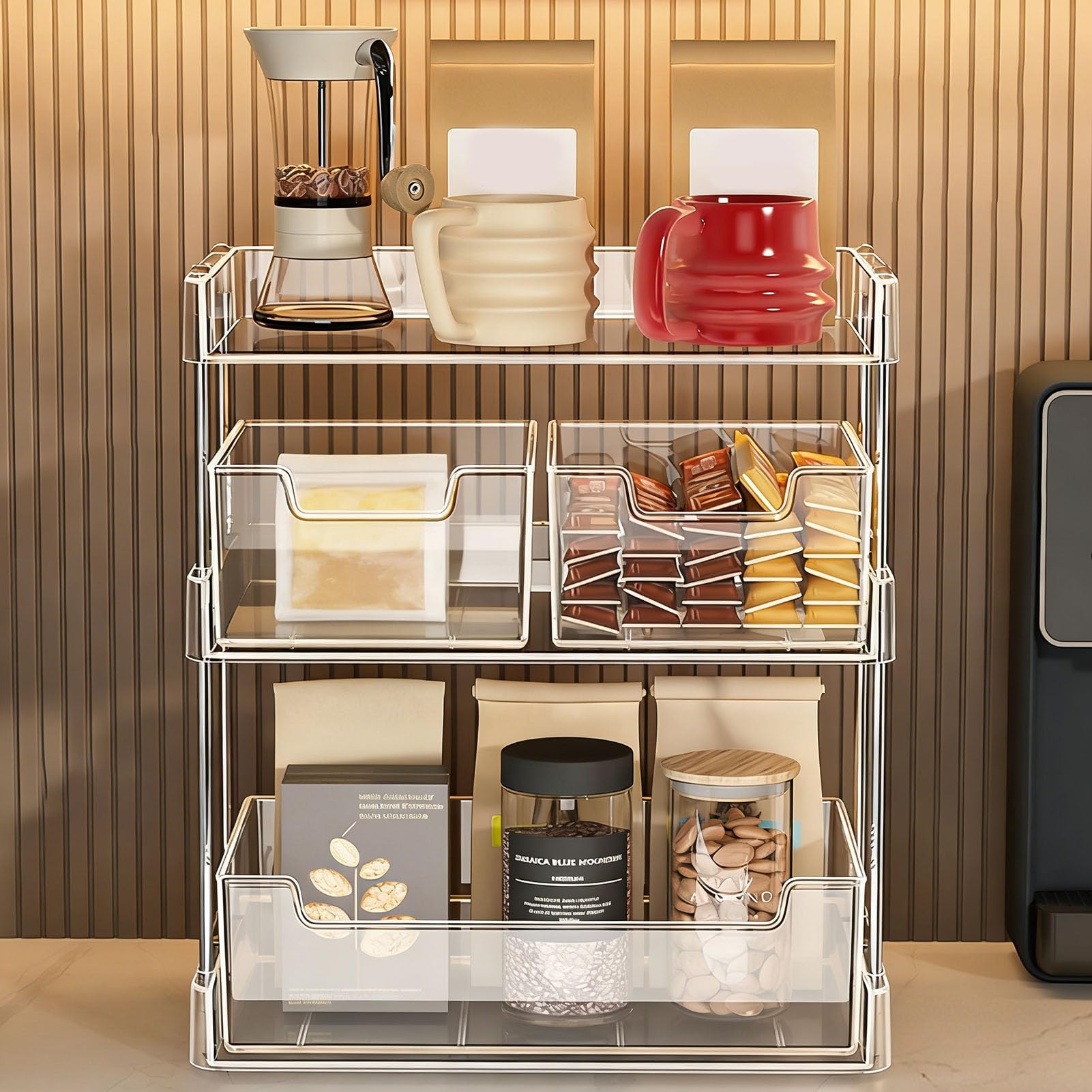 Generic Organizador de Bolsas de té, Diseño Transparente Multifuncional con Almacenamiento de 3 Niveles para Cocina, Baño, Estación de café, 33,5x17x30cm (Diseño de 3 niveles.)