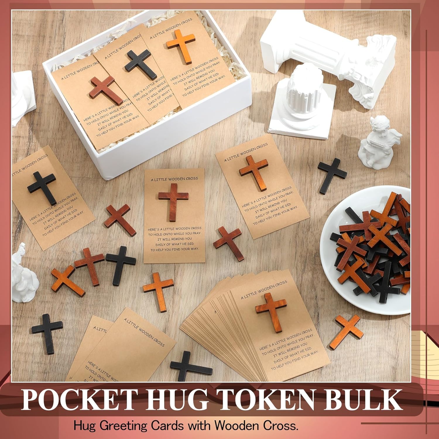 Colingmill 360 Sets Pocket Hug Token Bulk | Pocket Crosses in Bulk Mini Wooden Cross Gifts with Hug Greeting Cards | Exchange Cards for Friends Family Christians Church 3 Colors