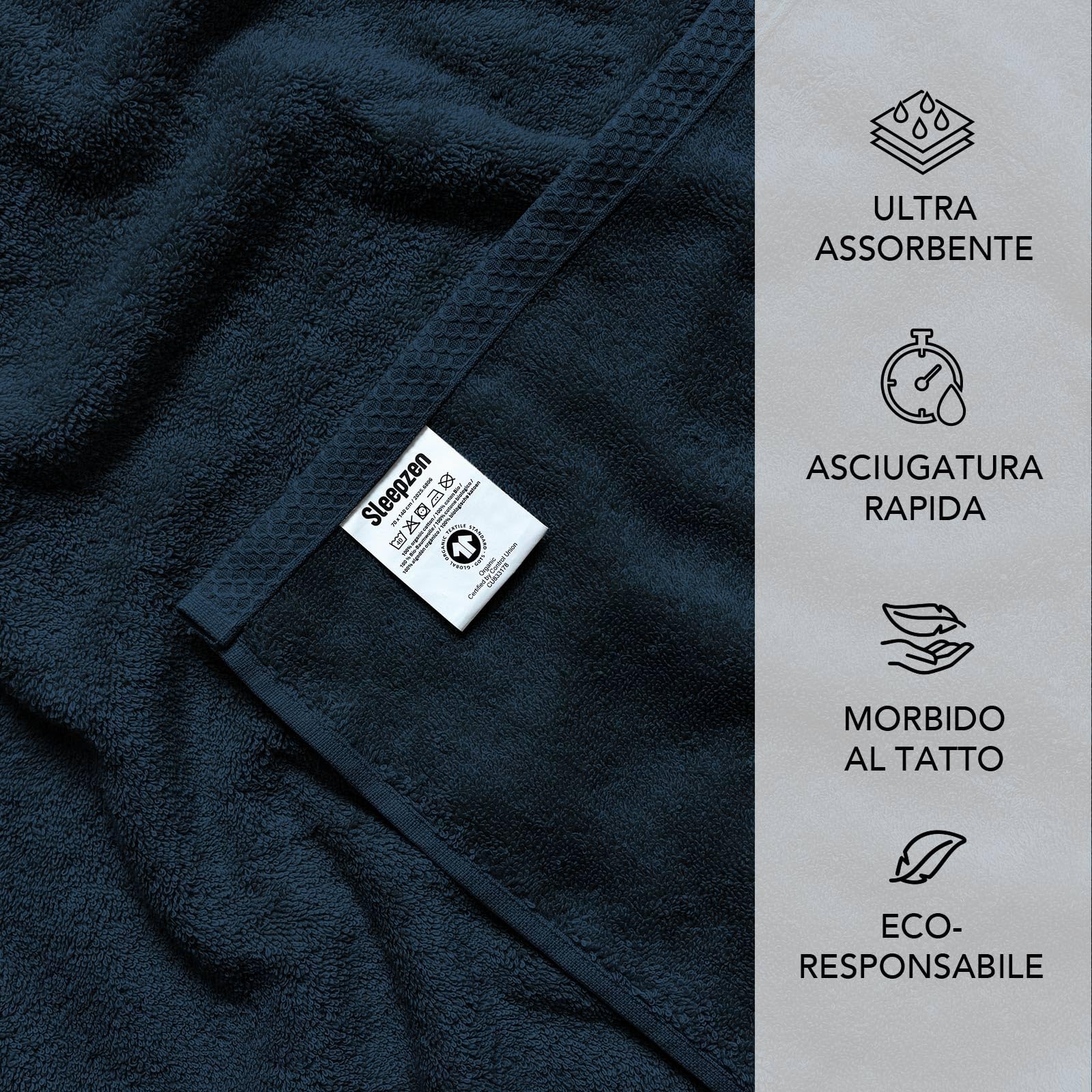 SLEEPZEN - Set di Asciugamani da Bagno (2x 50x100 + 2x 70x140 - Blu Poseidone) Cotone Biologico GOTS - 500 g/m² - Ultra Assorbenti - Morbidissimi - Prodotto in Portogallo - Certificato Oeko-Tex