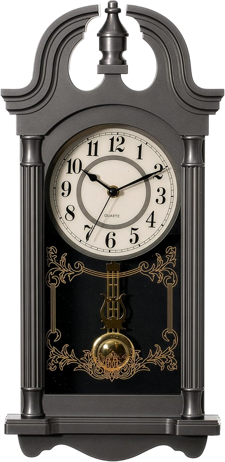 Clockswise Vintage Grandfather-Style Wall Clock with Wood-Effect Plastic Pendulum Battery-Operated for Home Decor Living Room Home Office Kitchen or Dining Room (Charcoal)