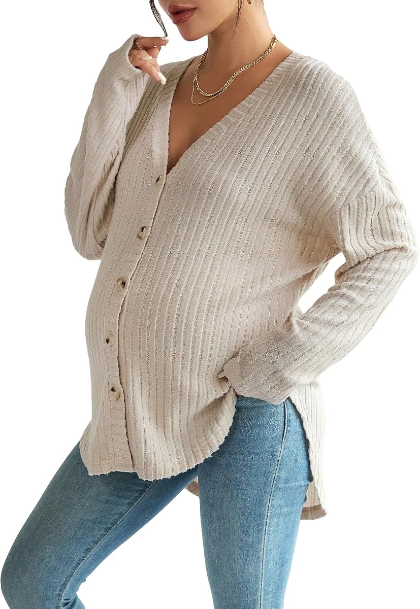 Women's Maternity Shirts Knit Button Down Nursing Top | Button Up, Long Sleeve, V Neck, Fall Maternity Clothes