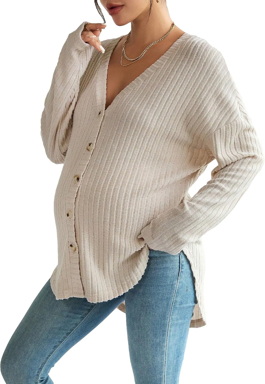 MakeMeChic Women's Maternity Shirts Knit Button Down Nursing Top Fall Maternity Clothes