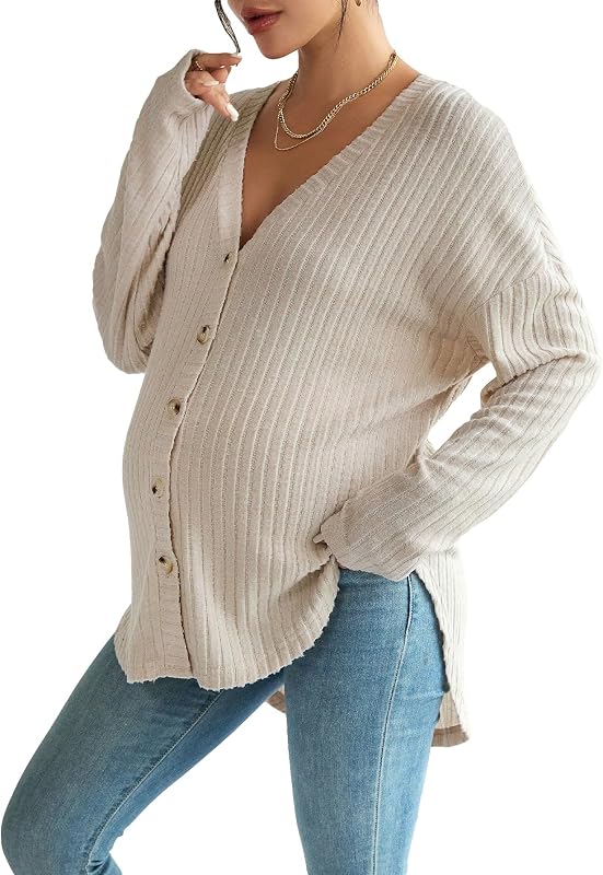 Women's Maternity Shirts Knit Button Down Nursing Top | Button Up, Long Sleeve, V Neck, Fall Maternity Clothes