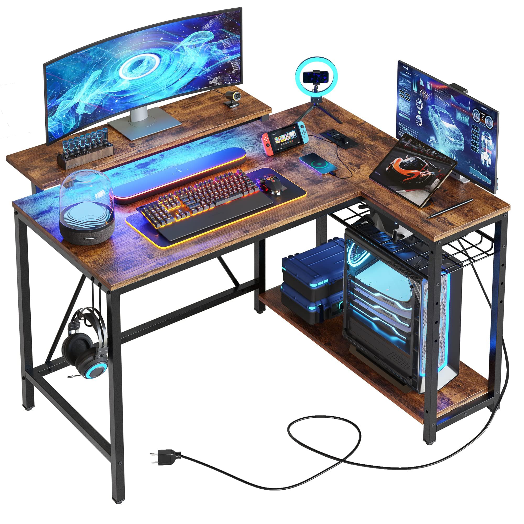 Bestier Gaming Desk with Power Outlets, 42" L-Shaped Gaming Desk with LED Lights, Desk with Reversible Storage Shelves & Hooks for Small Spaces, Bedrooms & Offices,Rustic Brown
