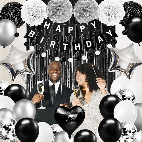 Miniatura 4 de Decoraciones de fiesta de cumpleaños en blanco y negro, decoraciones de feliz cumpleaños para hombres, mujeres, niños y niñas, incluyendo pancarta