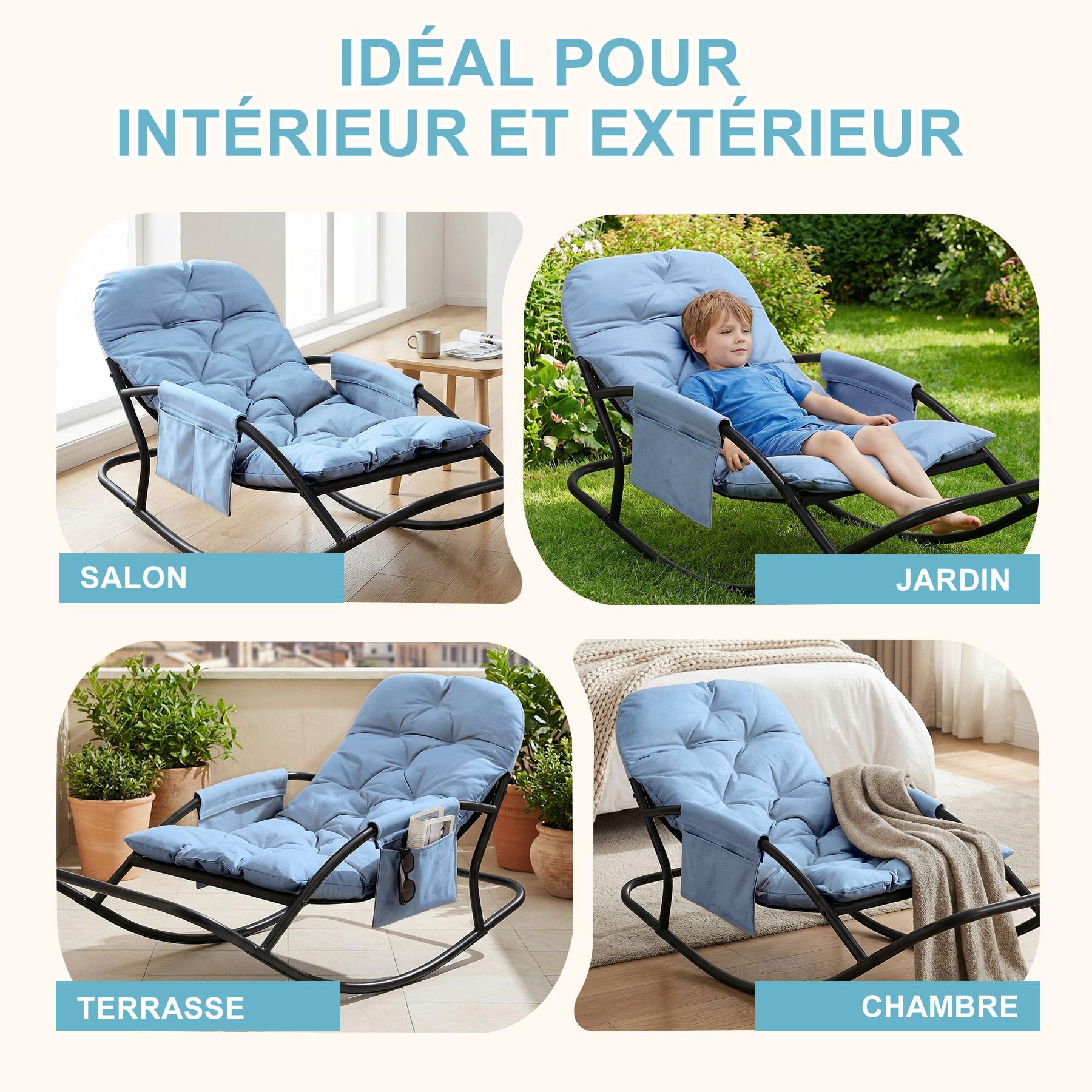 Fauteuil à Bascule Extérieur, Rocking Chair Papasan avec Coussin et Cadre, Cadre en métal Soutien des Pas, pour Chambre, Salon, Terrasse, Jardin,capacité de Charge 120 kg,Tissu Technique