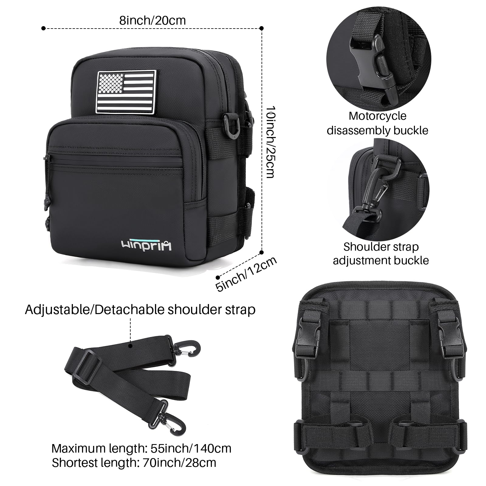 WINPRIM Handlebar Storage Bag for Motorcycles – Waterproof 1680D Utility Pouch with Flag Patch – Small Size for Crossbar or Shoulder Use (Bright Black)