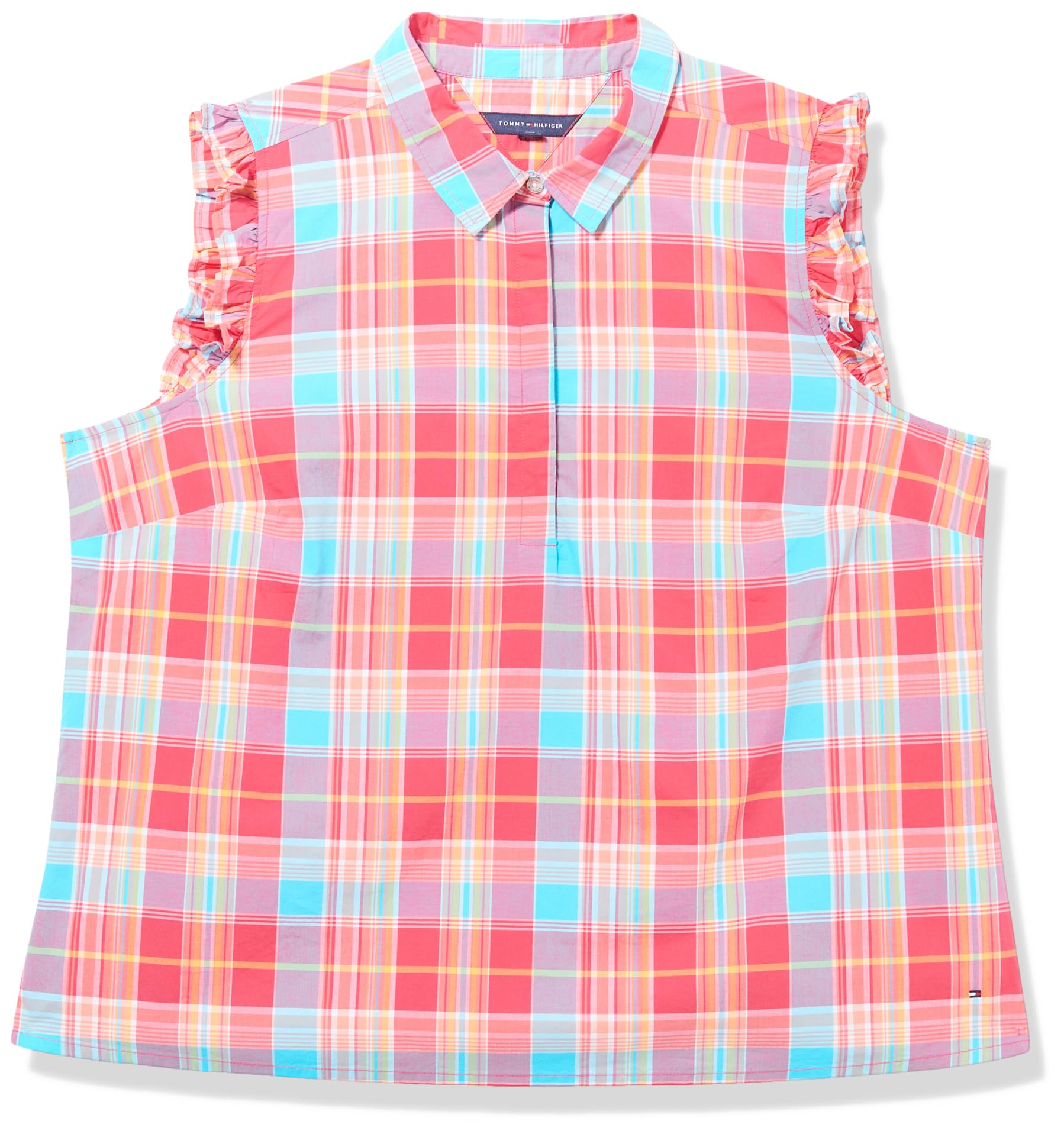 Tommy Hilfiger Women's Sleeveless Plaid Ruffled Sportswear Top, Azalea Multi, 2X