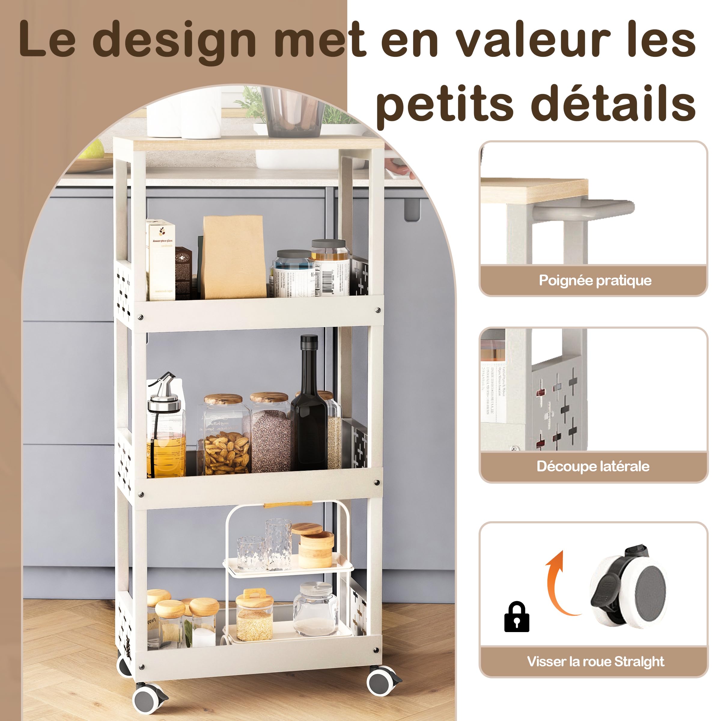UMDONX Chariot de Cuisine Métal Étroit 4 Niveaux à roulettes, Blanc | Desserte avec Plan de Travail, Étagère de Niche Étroite, Pour Cuisine Bain Salon Balcon