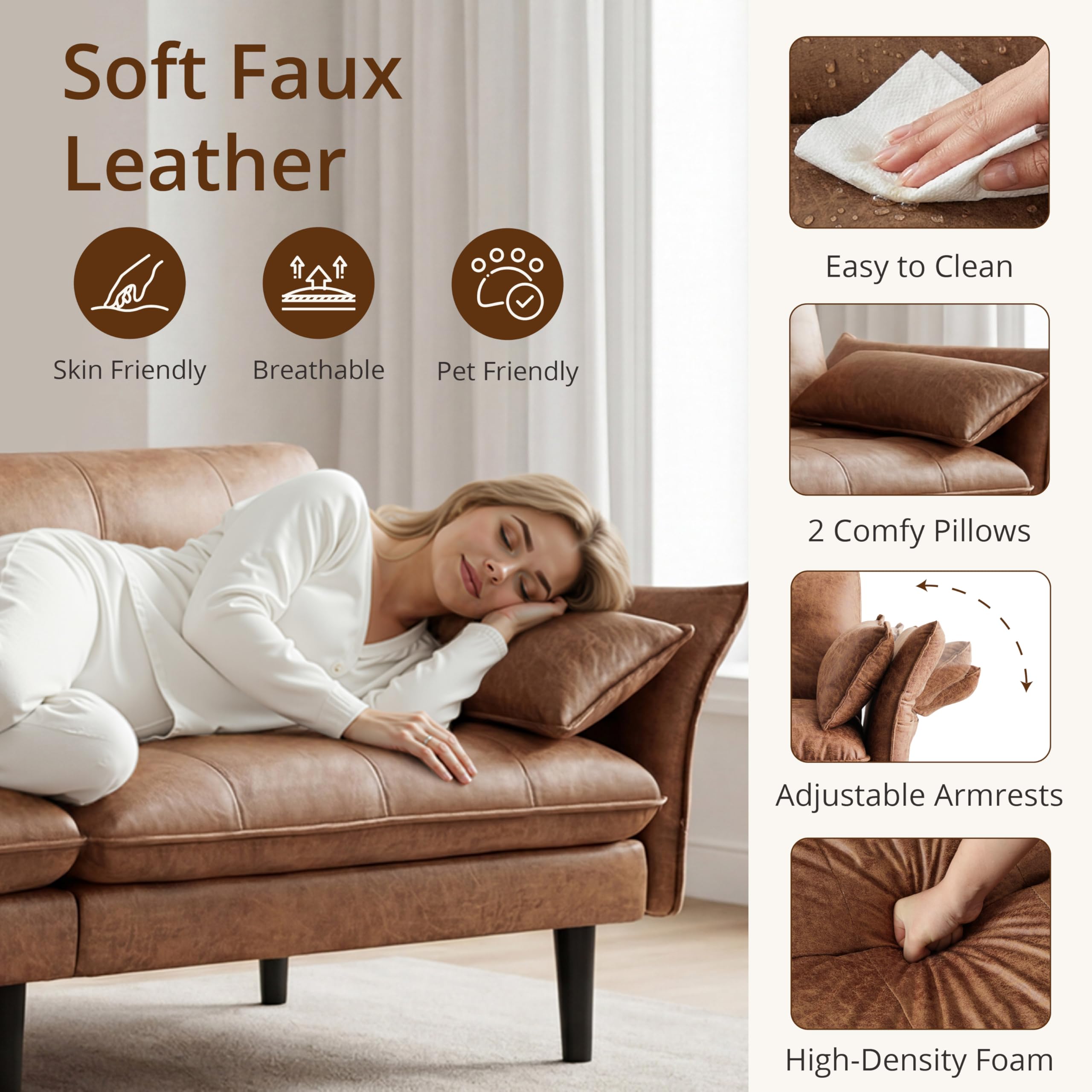 Faux Leather Futon Sofa Bed, Convertible Sleeper Sofa Couch | Leather Couch with Adjustable Backrest and Armrests, Sleeper Sofa for Living Room, Bedroom, Office, Camel(Brown)