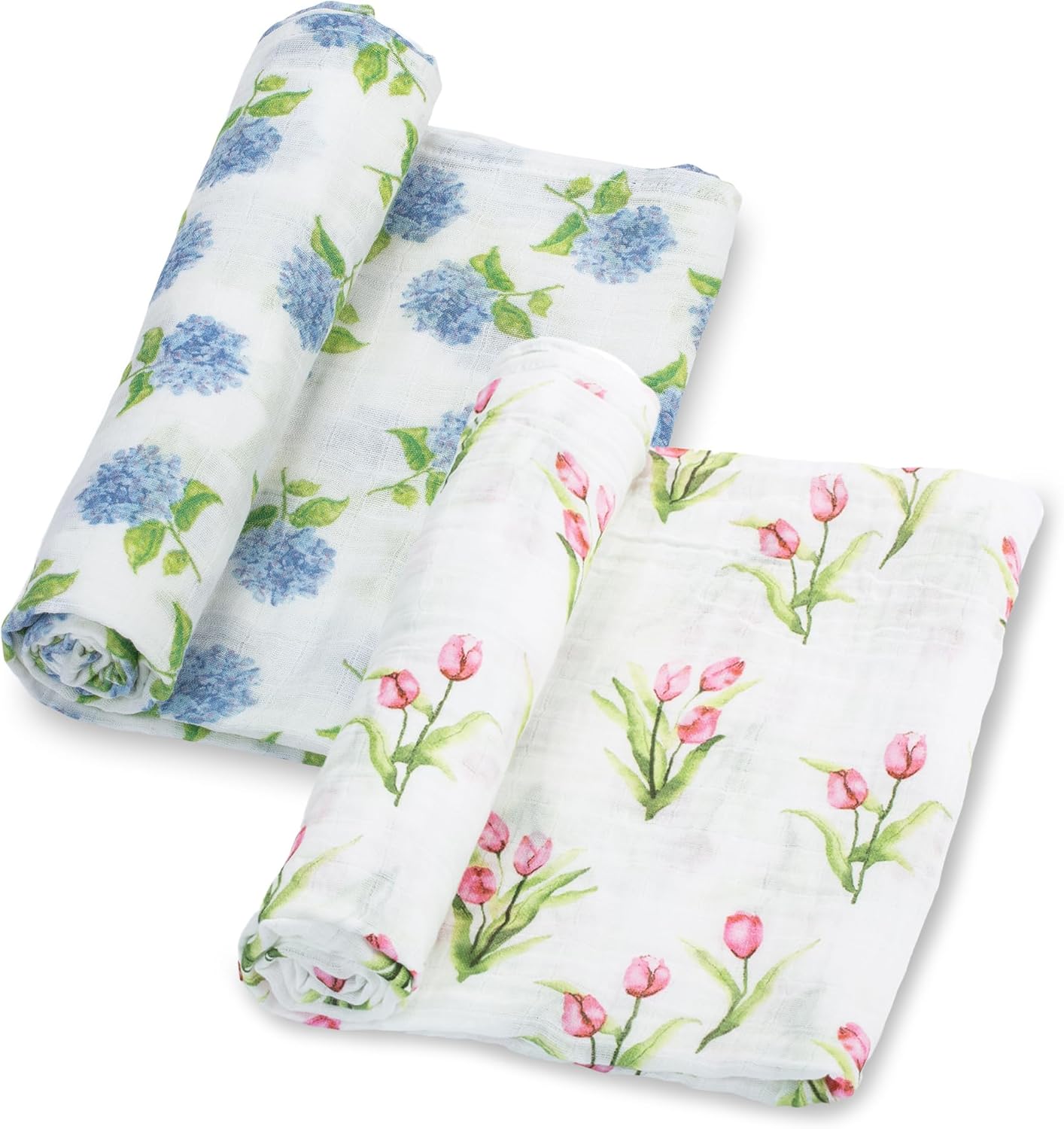 LollyBanks Muslin Swaddle Blankets 2PACK, 100% Cotton Baby Blanket 47 x 47 Inches, Large Baby Swaddle Breathable, Muslin Blankets for Girls (Hydrangea and Tulip Print)