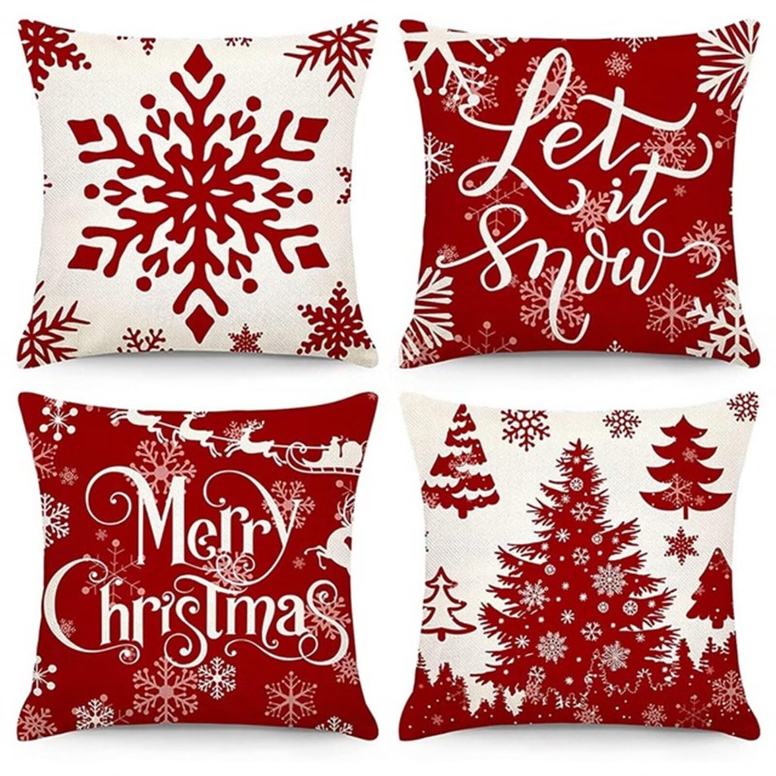 Juego de 4 Impermeable Funda de Cojín Copos de Nieve,55x55cm Moderno Suave Transpirables Lino Fundas de Almohada Cojines Decorativos con Cremallera Oculta para Exterior Sofá Cama Coche Hogar