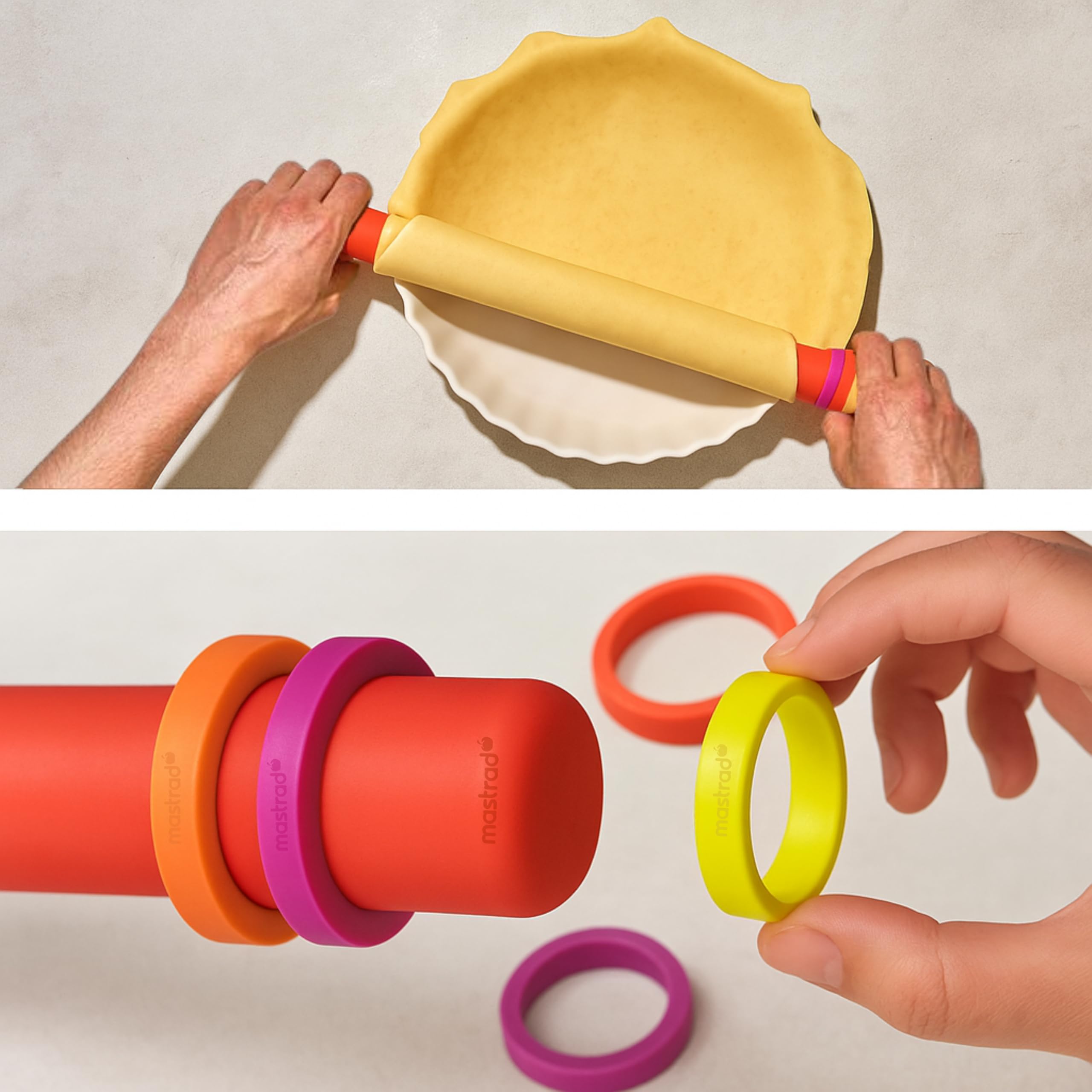 Mastrad – Rouleau à Pâtisserie Ajustable en Silicone Rouge – 4 Anneaux Réglables (2, 4, 6, 8 mm) – Revêtement 100 % Silicone – Corps Inox – Antidérapant & Facile à Nettoyer – Accessoire de Pâtisserie