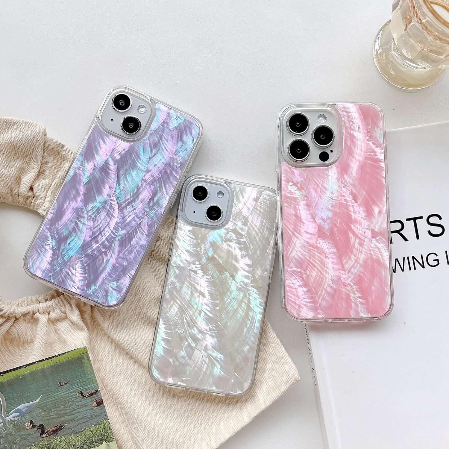 Mother of Pearl Glitter Phone Case for iPhone 15 (NOT Pro) 2023,Bling Shiny Real Seashell Pattern Slim Glossy Sleek Stylish Trendy Protective Shockproof Girls Women i Phone 15 Cover 6.1"