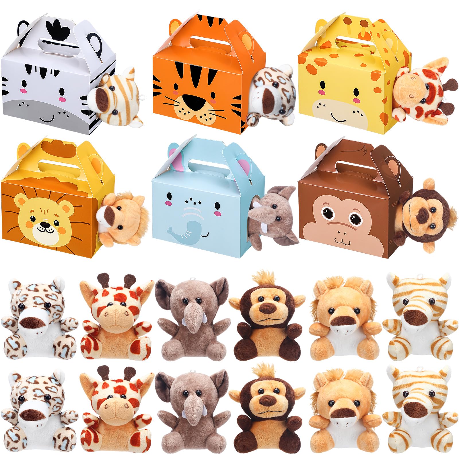 Fainne 12 Pcs Jungle Themed Favors Boxes with 12 Pcs Mini Plush Set Jungle Treat Boxes Foldable Gift Boxes Jungle Theme Stuffed Animal for Birthday