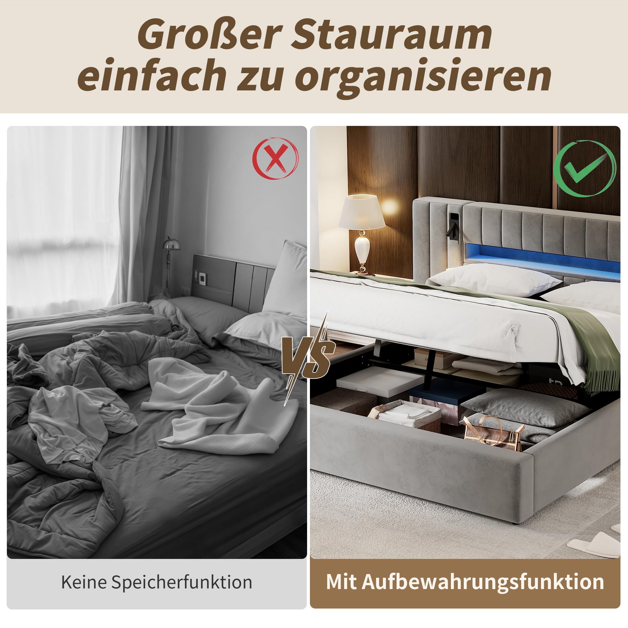 Kayan Polsterbett 180x200cm, Boxspringbett mit hydraulisches Bettkasten, Doppelbett mit LED-Kopfteil und Lattenrost, Leselicht mit USB Aufladen, Stauraumbett Jugendbett Bettgestell, Samt