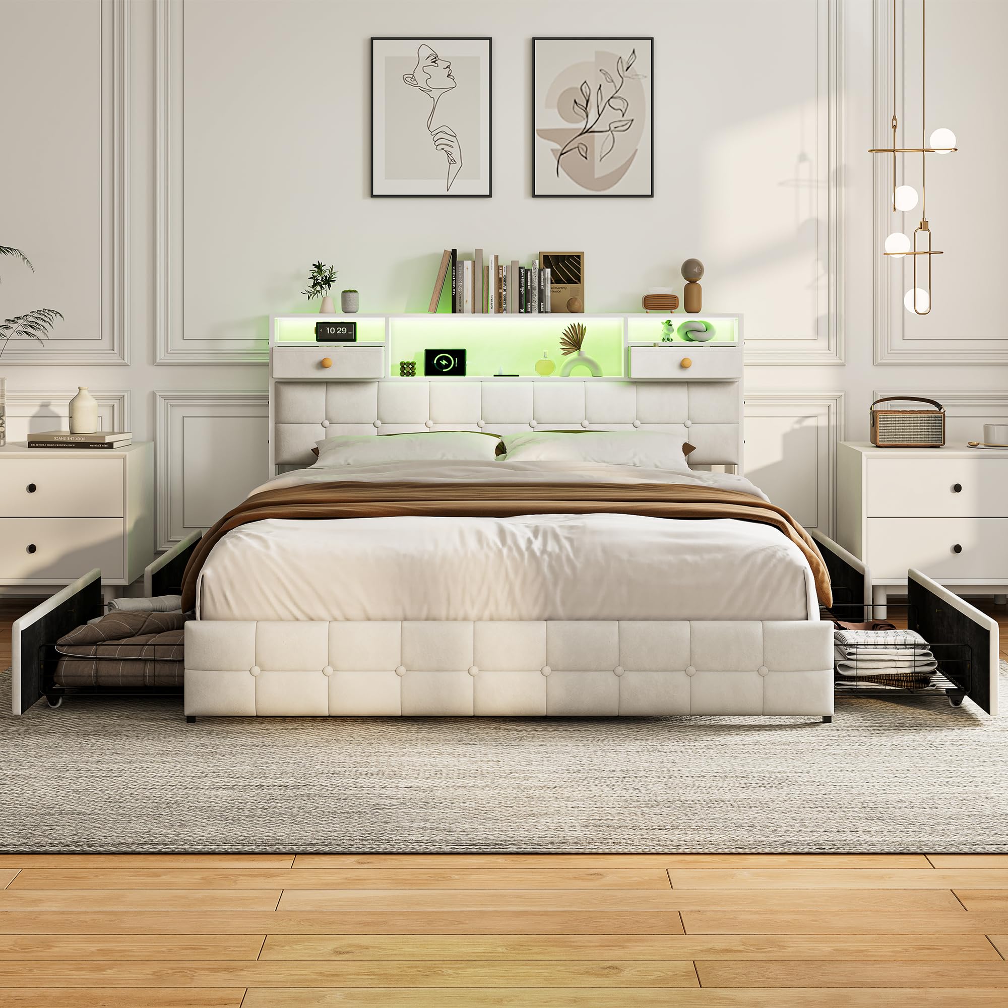 Letto imbottito 160 x 200 cm con LED e USB, telaio del letto con 4 cassetti, letto per adolescenti 160 x 200 cm con vano contenitore, letto matrimoniale con rete a doghe, telaio del letto