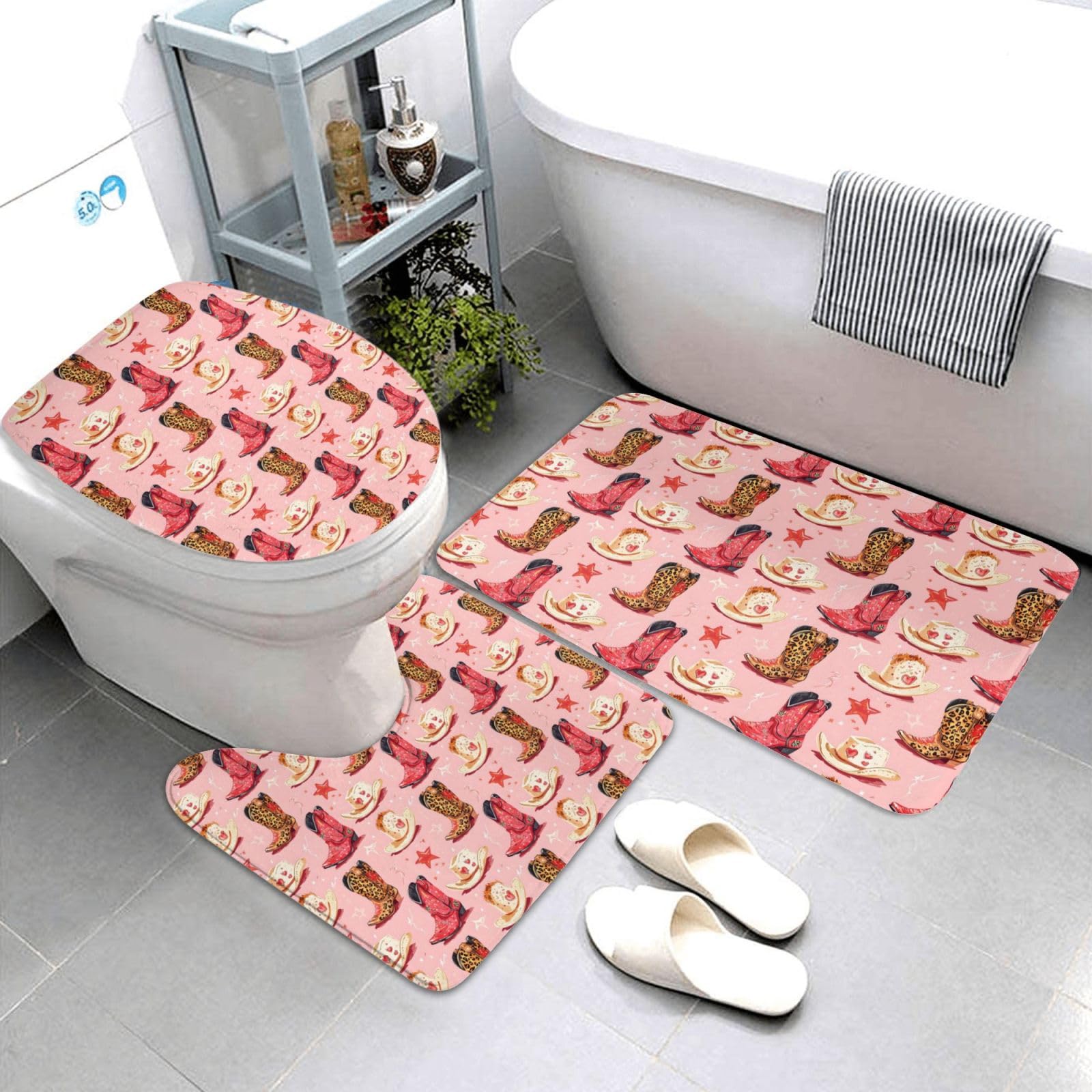 Tapis de bain antidérapant et absorbant : lot de 3 pièces lavables imprimé léopard rose
