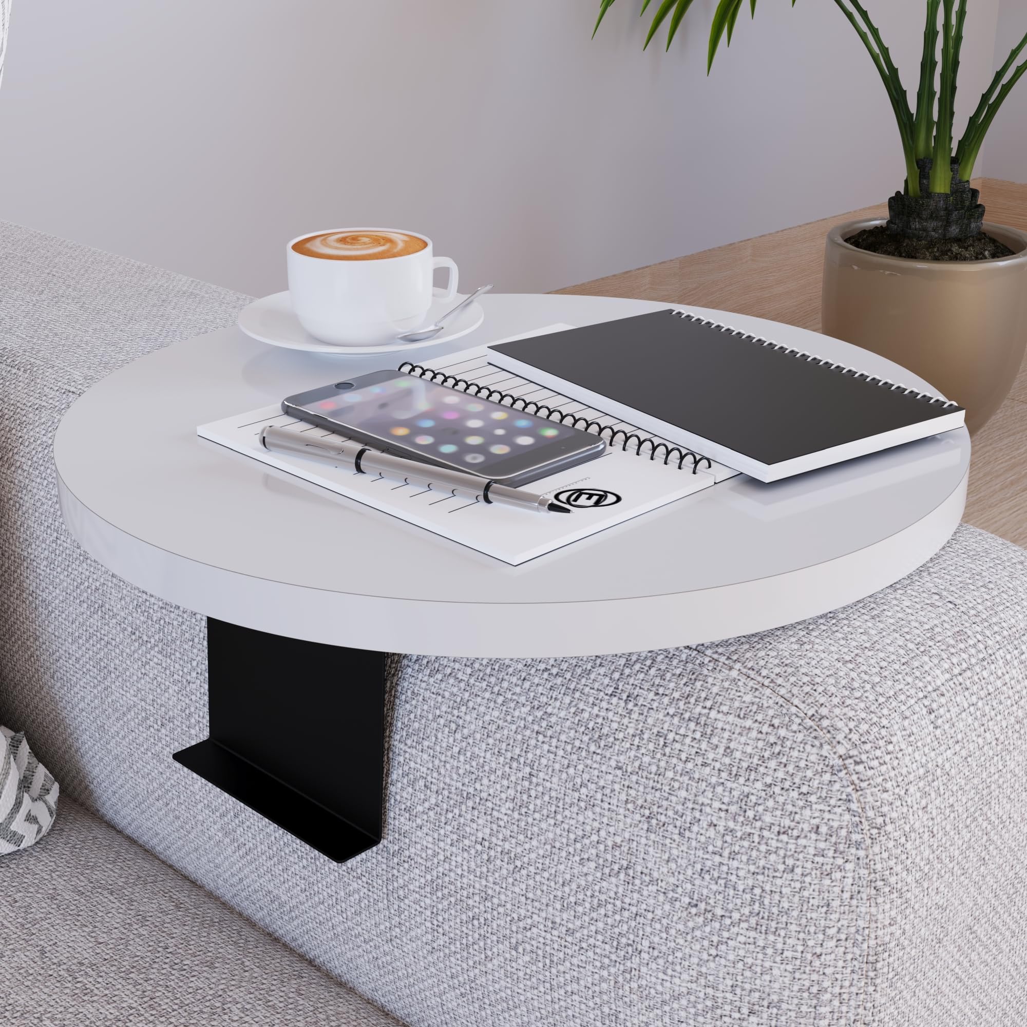 [en.casa] Tavolino Bracciolo per Poltrona Divano Piano Rotondo Ø34 cm Supporti Regolabili in Larghezza Vassoio da Appoggio Tavolino Laterale Divano - Bianco