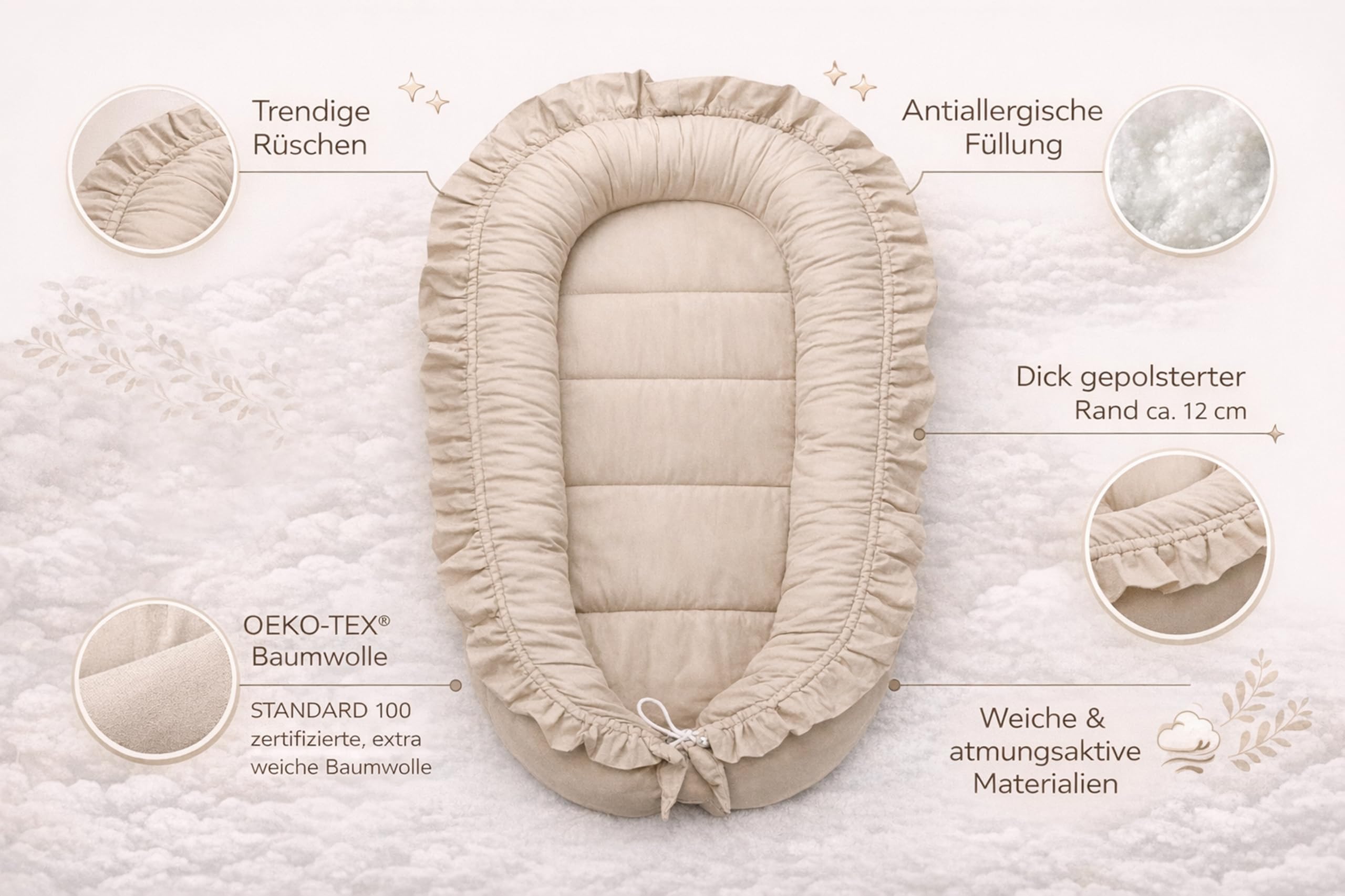 PIMKO - Sacco Nanna con Volant per Neonati, 100% Cotone, per Bambini e Neonati, 55 x 90 cm (Beige)