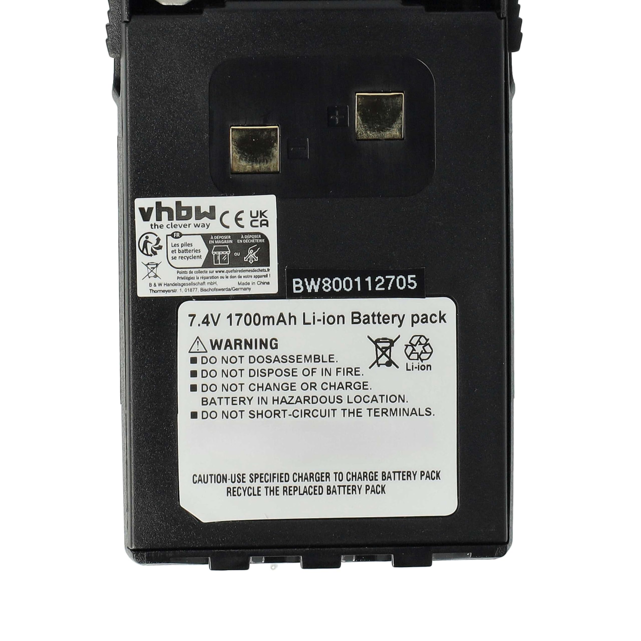 vhbw 1x batería Compatible con Wouxun KG-UVD1P, KG-UV6D, KG-UVD1 Radio (1700 mAh, 7,4 V, Li-Ion) + Pinza