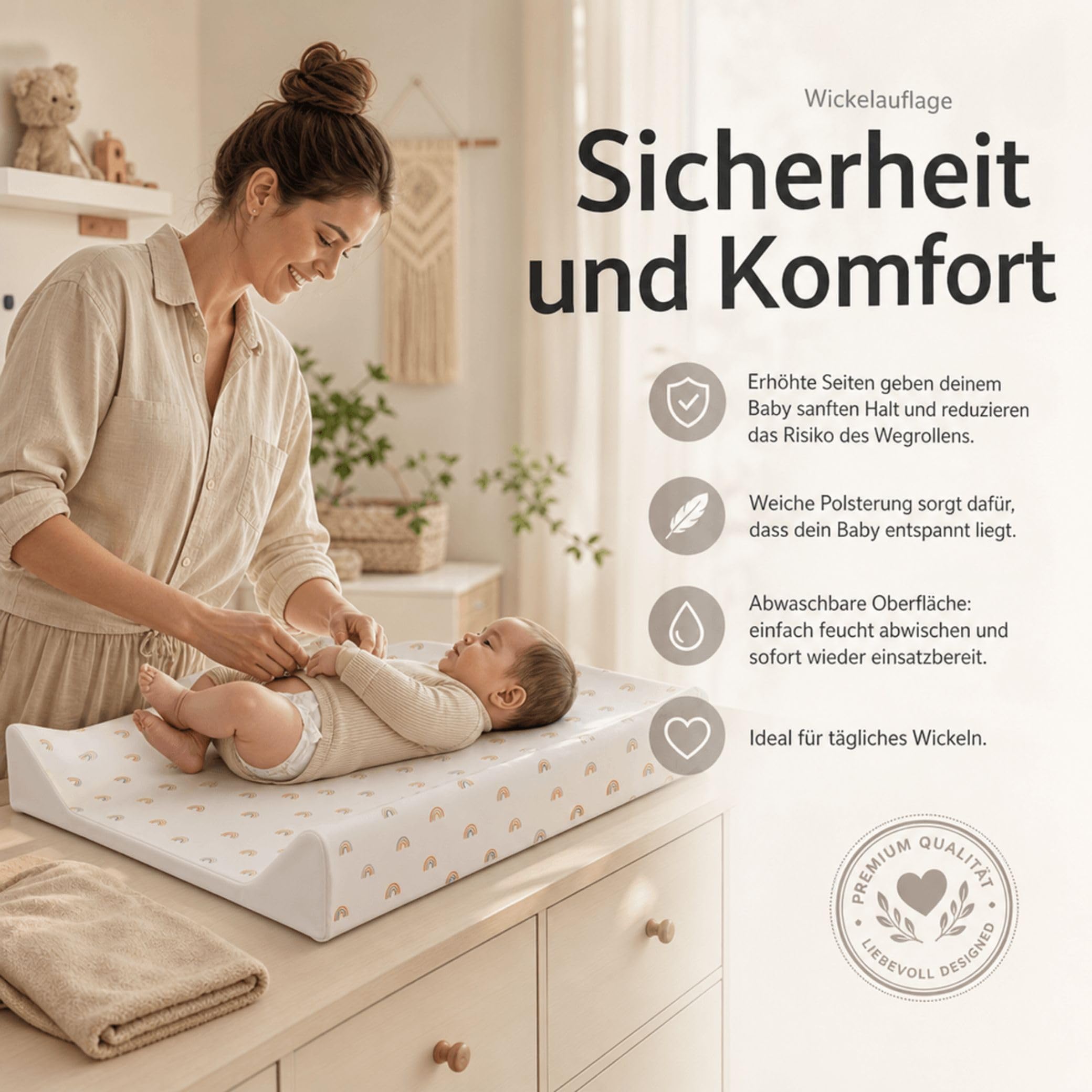 Fillikid Wickelauflage 2-Keil Exklusiv/Wickelmulde 50x65 cm/Wickelunterlage mit abwaschbarer Folienbezug/geeignet für schwedische Kommoden/weiche Thermovliesfüllung/Auflage Wickeltisch