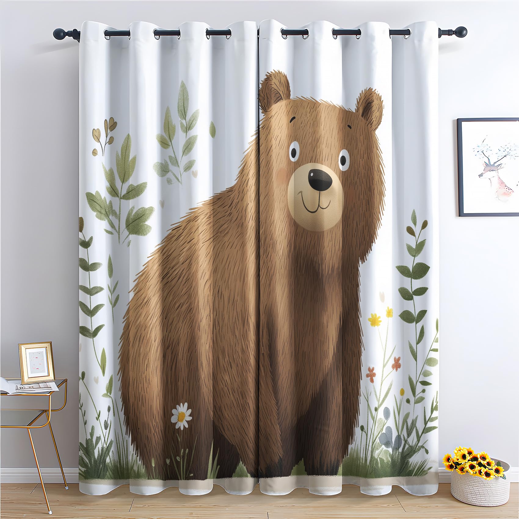 Luxfieo Bear Blackout Curtains for Living Room Bedroom - 72 Inch Drop Curtains 46x72, Kids Cute Cartoon Woodland Animal Patterned Window Treatments, Thermal Eyelet Drapes 2 Panels
